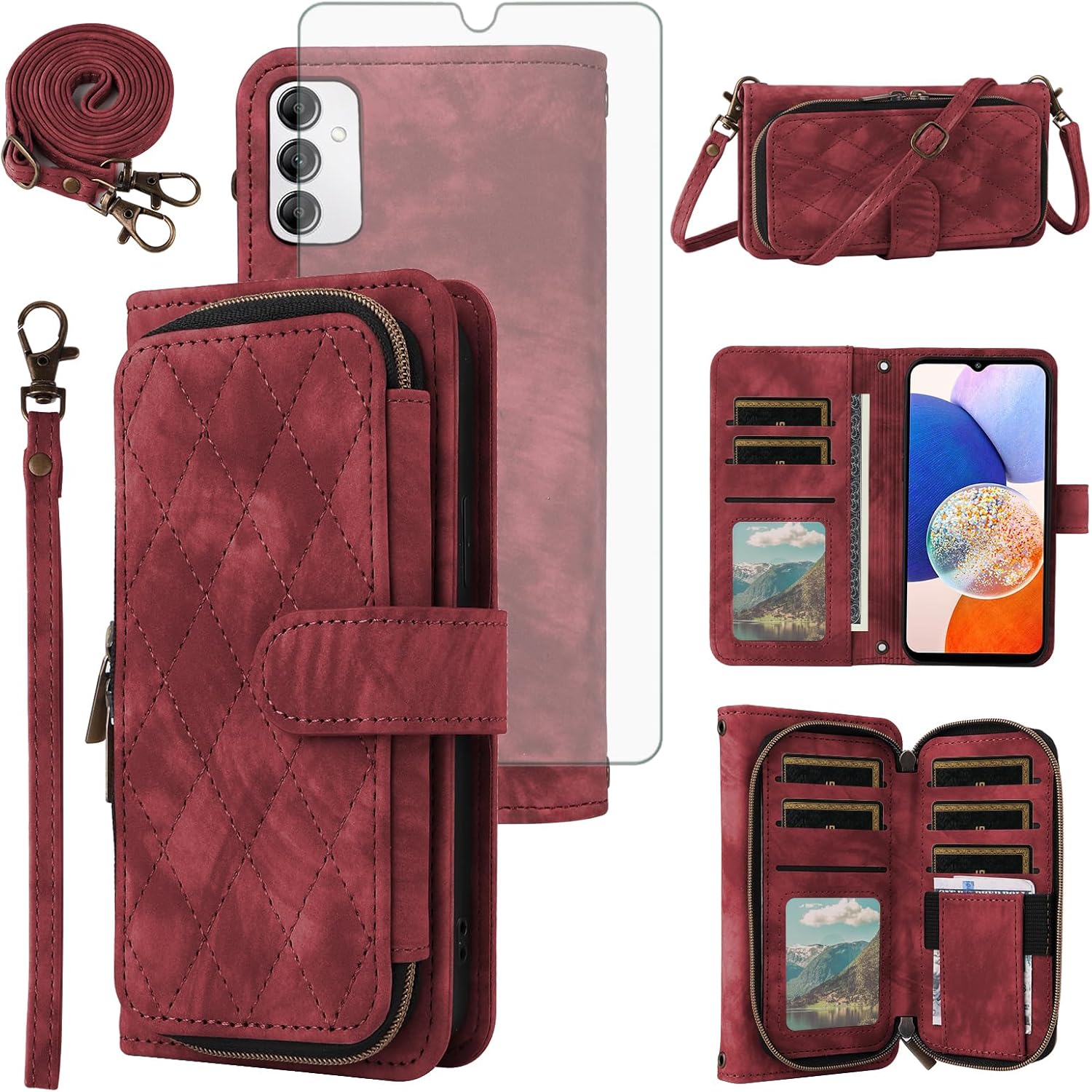Phone Case for Samsung Galaxy A14/M14 5G Wallet Cell Cover with Tempered Glass Screen Protector Crossbody Lanyard Strap Flip Stand Zipper Purse Card Holder Slot Cash A 14 4G 14A 14M G5 Women Men Blue