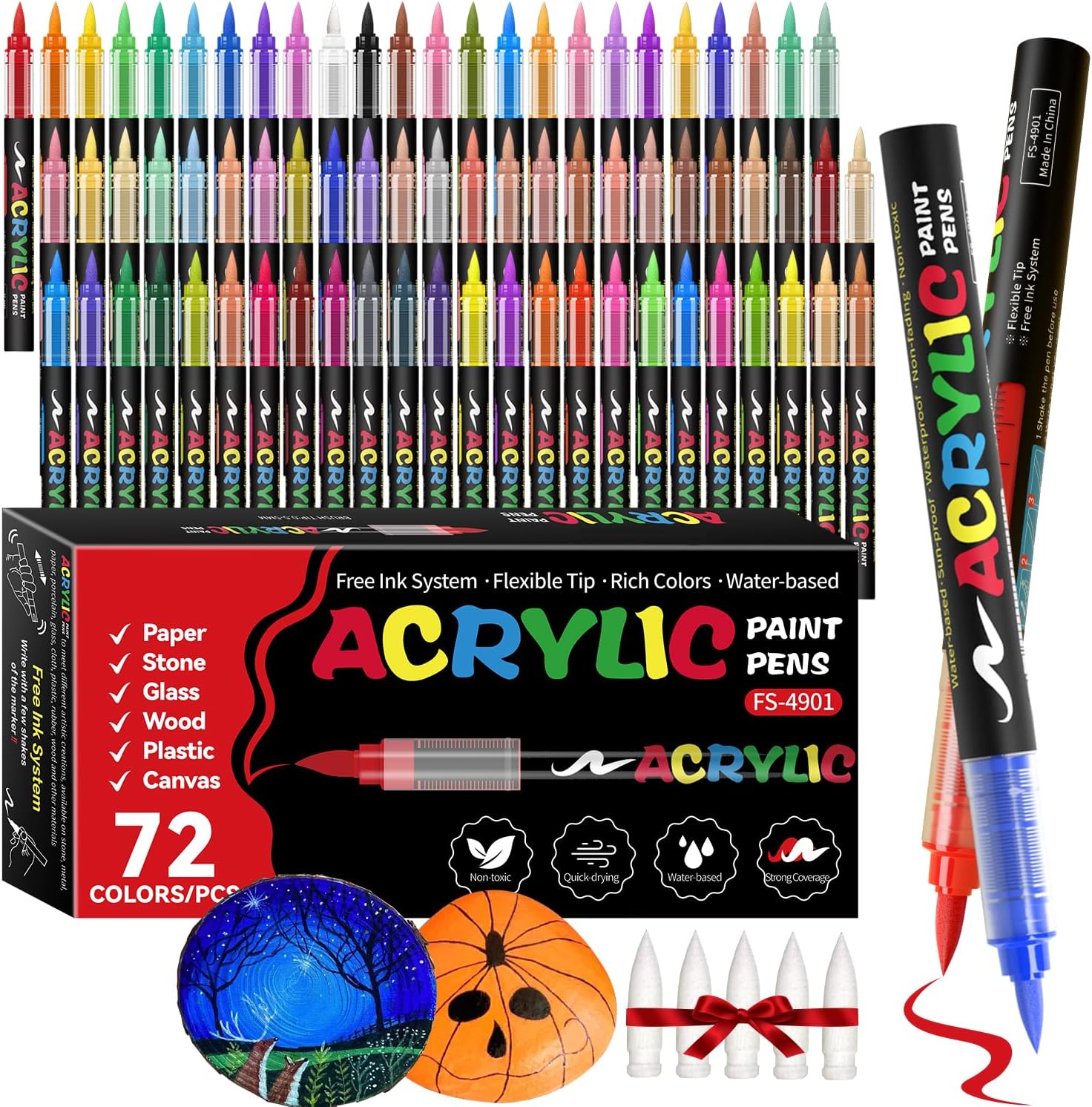 Paint Pens Acrylic Markers - Brush Tip Water Based Marker Pens for Rock Painting, Wood, Ceramic, Glass, Acrylic Paint Markers for Christmas Easter Egg Pumpkin Making (72 Colors)
