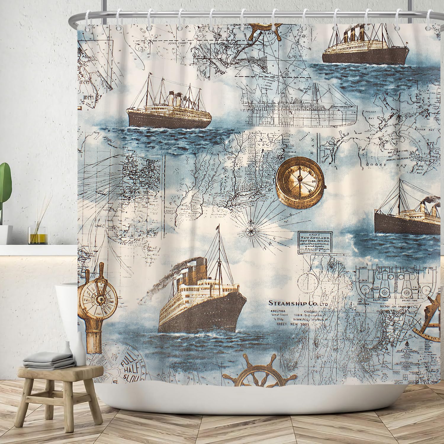ASDCXZ Maritim Shower Curtain 180x240 cm, Vintage Blue Ship Log Compass Sailboats Summer Maritime Bath Washable Shower Curtains Polyester Textile Waterproof Shower Curtain for Bathtub with 12 Hooks — image 1