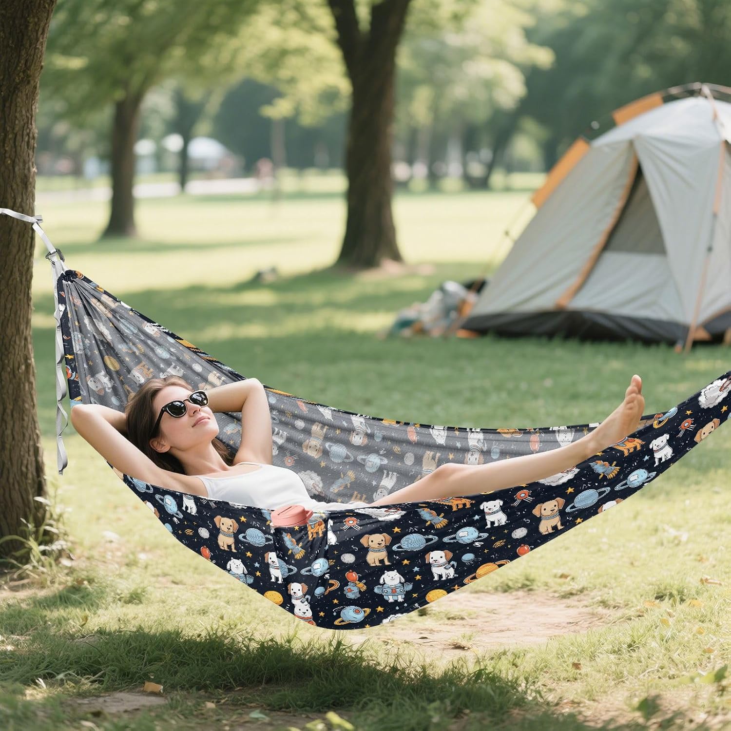ALAZA Dog Puppy Astronaut Space Camping Hammocks Single or 2 Person 500 lbs Portable Parachute Travel Hammock w/Tree Straps for Hiking Backpacking Indoor Outdoor