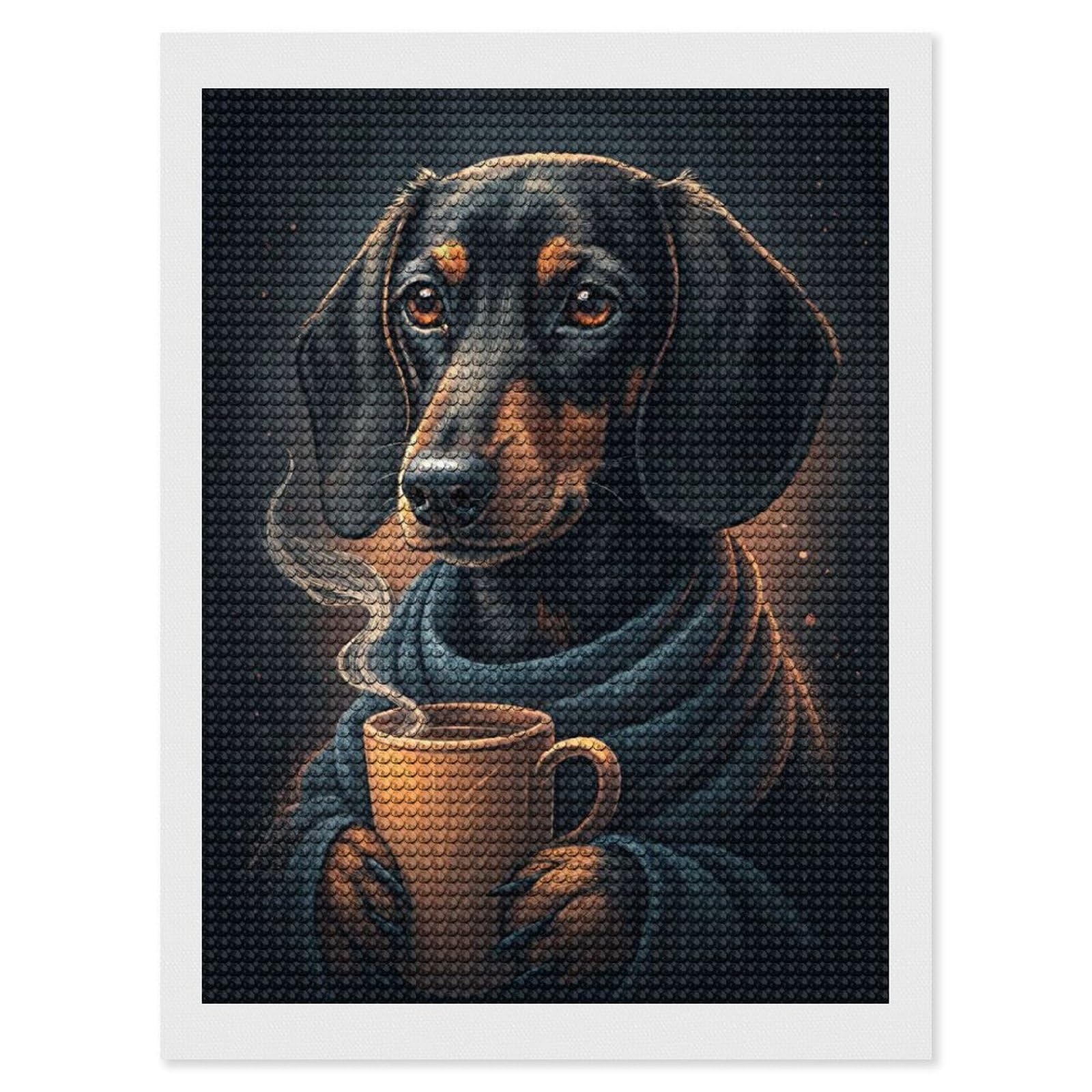 Junmoney Dachshund with Coffee and Scarf Diamond Painting Set 12"x16", Modern Decor, for Beginners, Printed Canvas, Thoughtful Handmade Gift, with Tool Kit