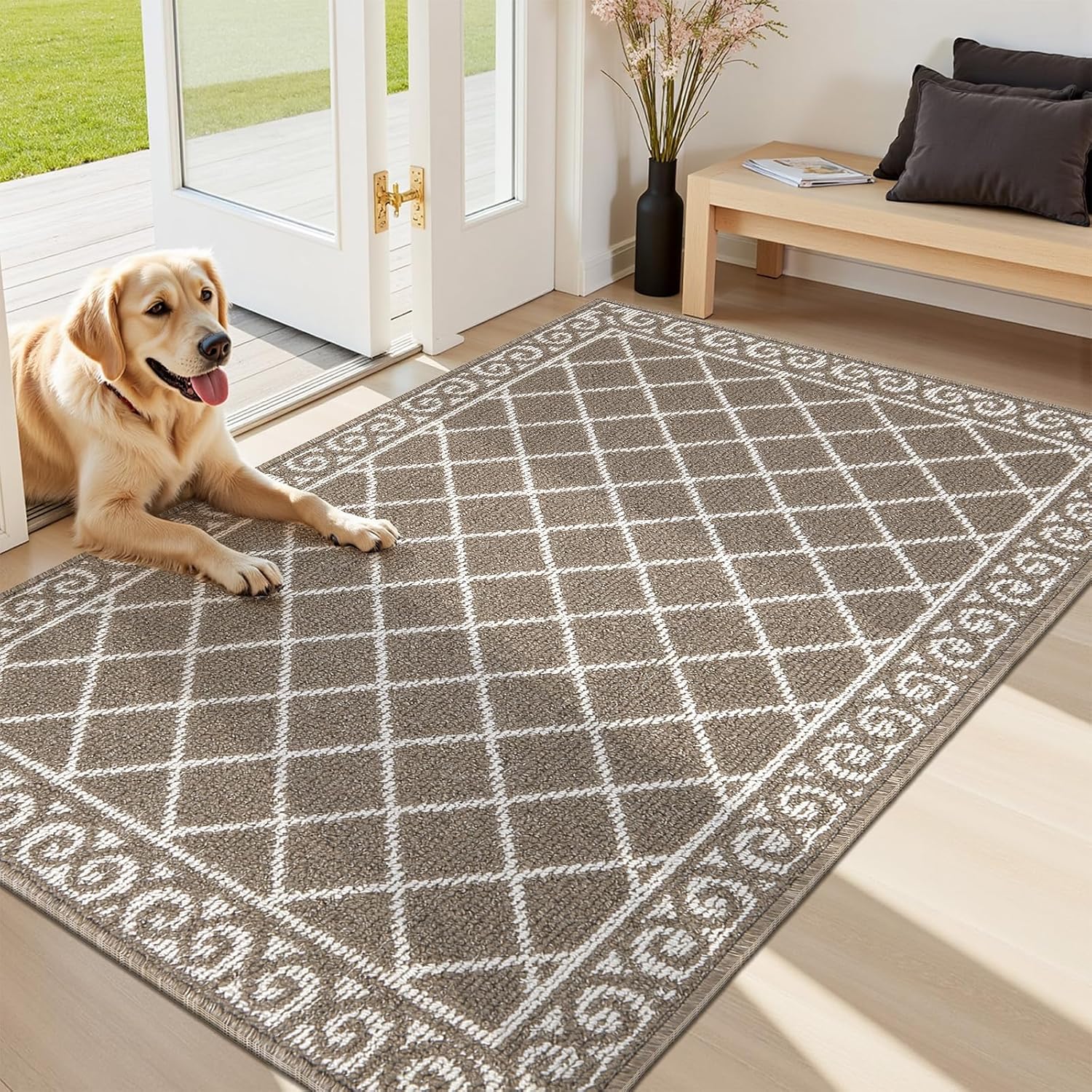 HEBE Non Slip Door Mat Indoor, 32" x 48" Heavy Duty Entrance Rug for Front Door, Washable Absorbent Floor Mat for Entryway Garage Patio, Brown