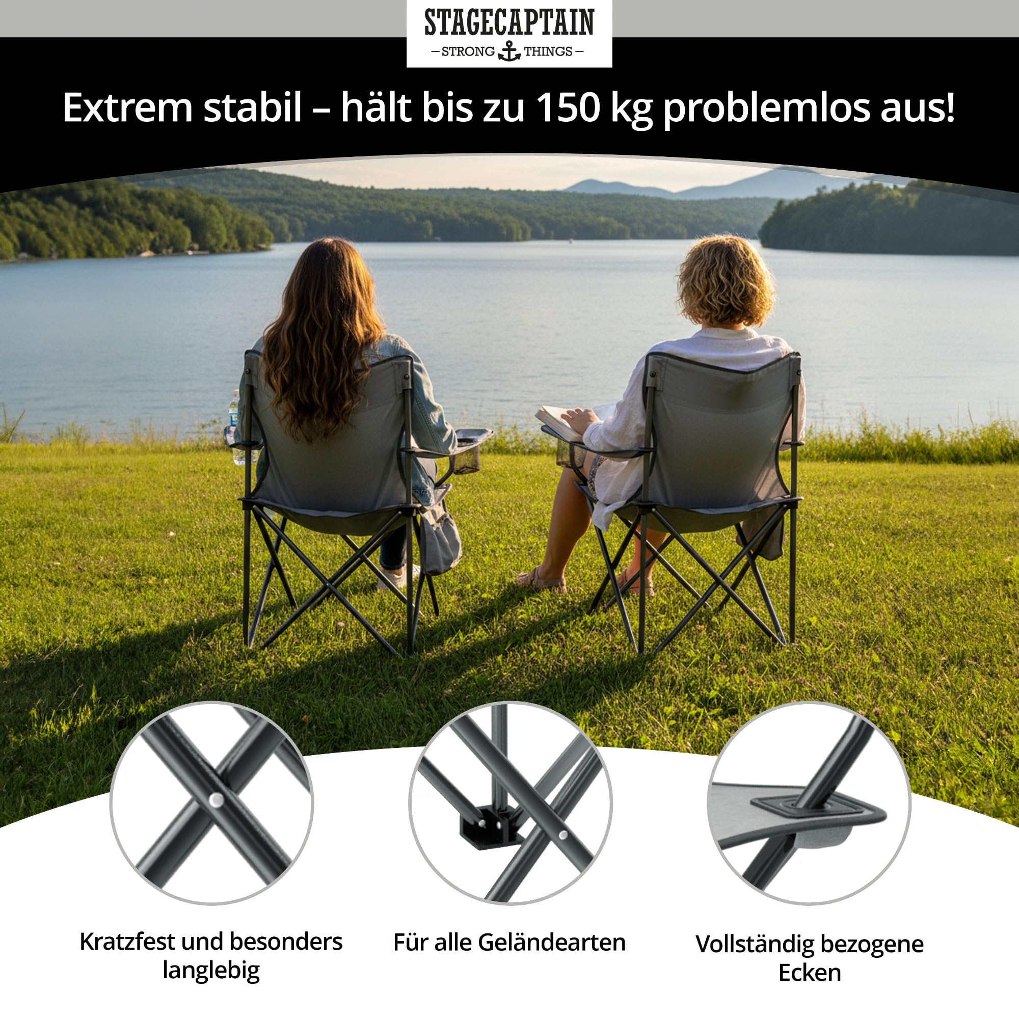 Stagecaptain CSB-5282 GY Chiller krzesło kempingowe, zestaw 4 sztuk, składane krzesło kempingowe, uchwyt na napoje w podłokietniku, duża kieszeń boczna, idealny na kemping, wędkowanie, grillowanie, ogród i plażę