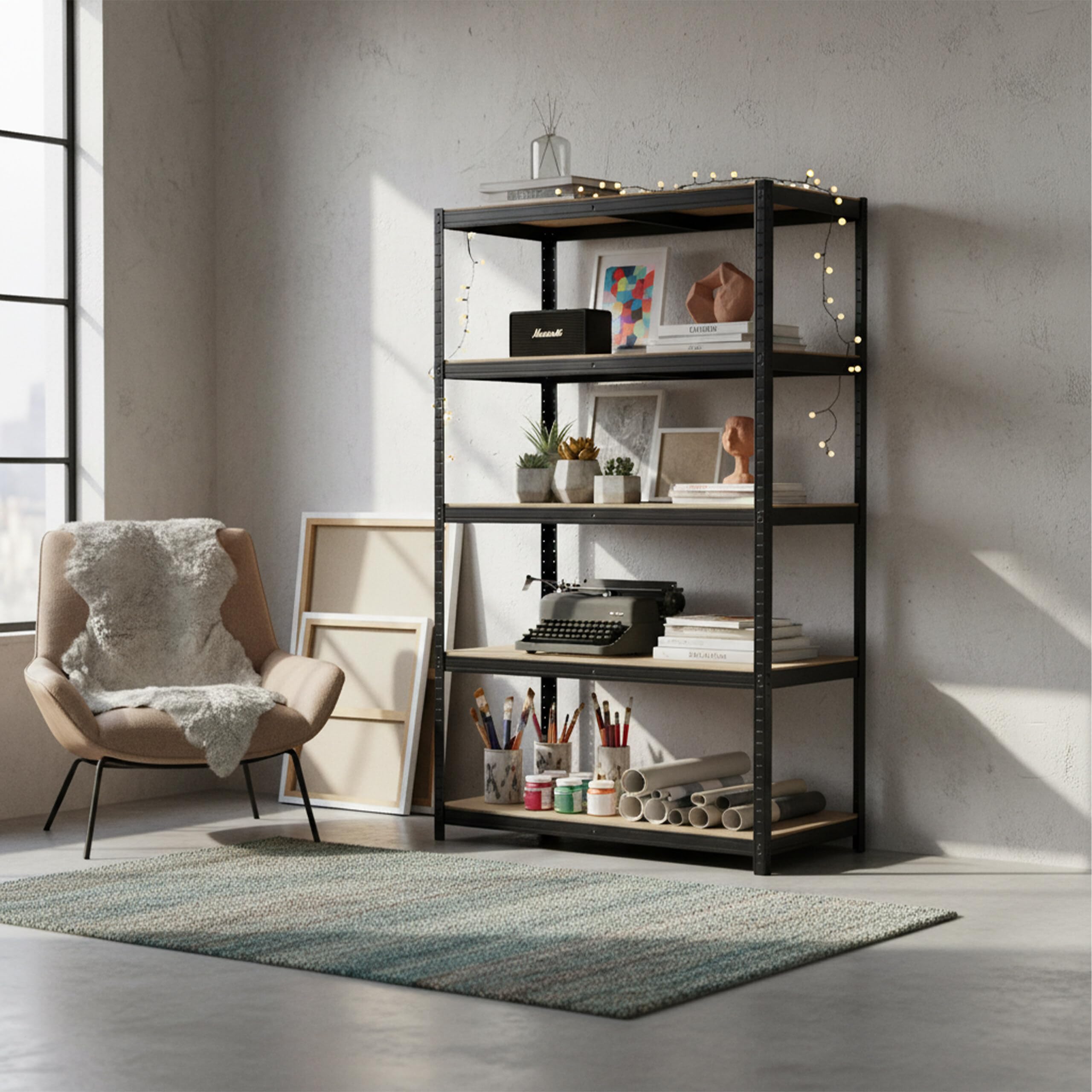 Relaxdays Scaffale portacarichi Nero/Marrone, 5 Ripiani, 180x100x30 cm, capacità 875 kg, in Castro a Incastro