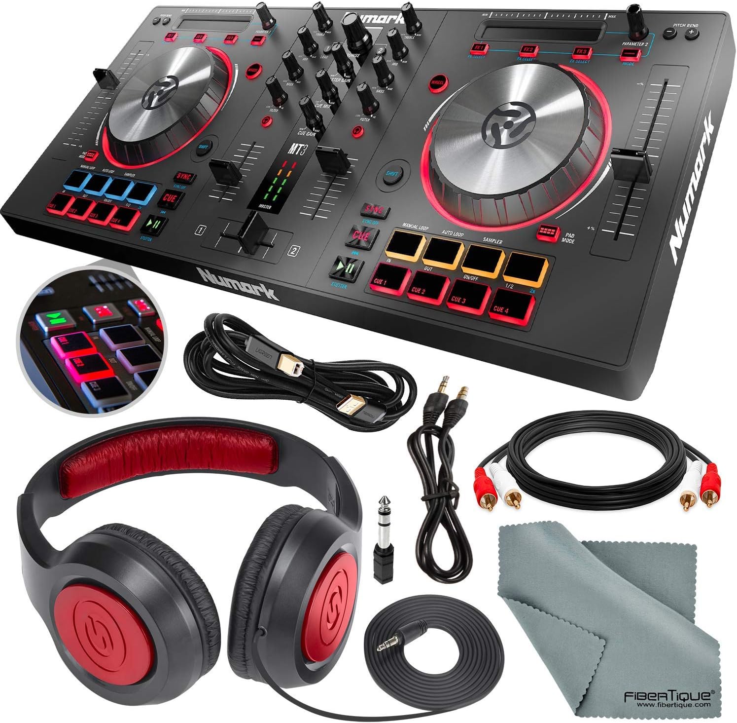 Numark Mixtrack Pro 3 - USB DJ Controller with Serato DJ Lite Download & Integrated Sound Card + Headphones and Cables Basic Bundle
