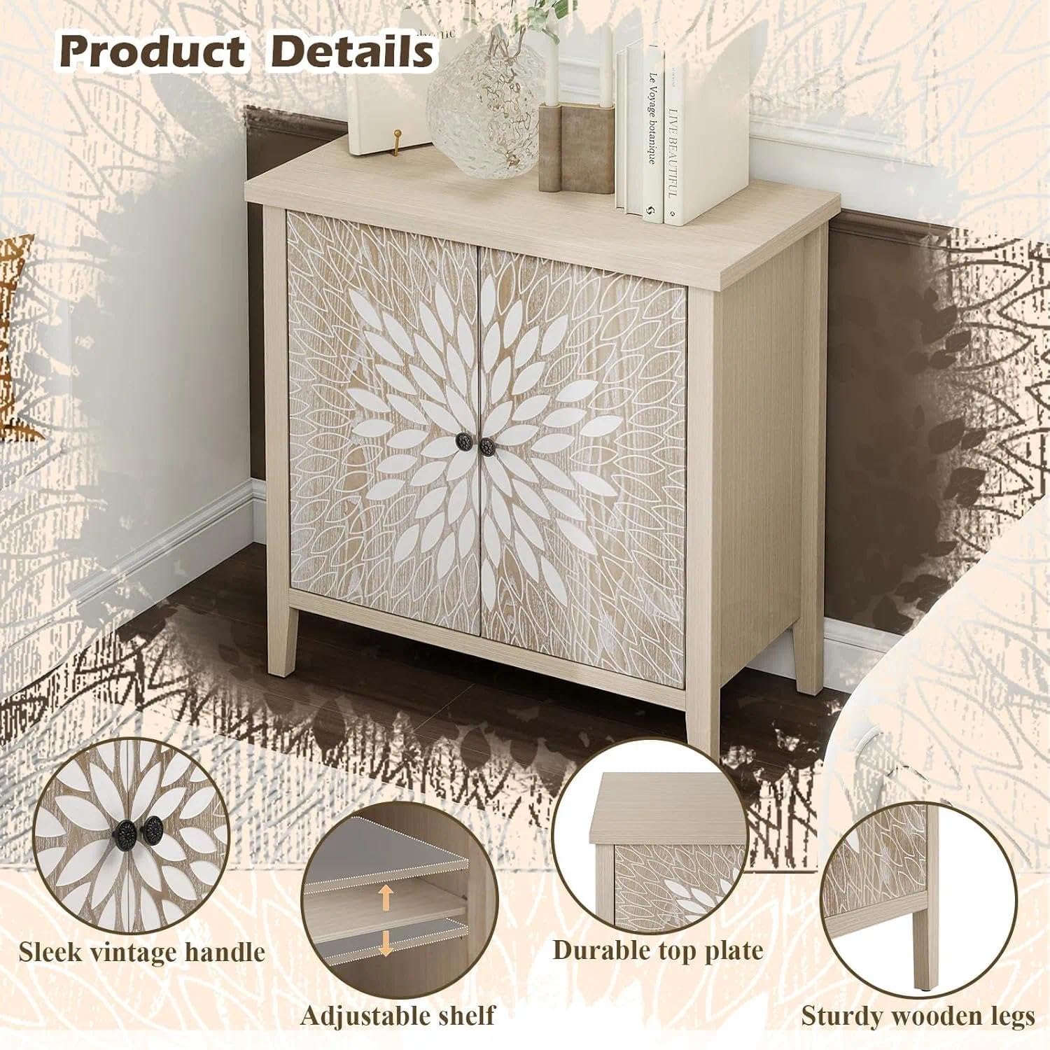 31.5" Decorative Accent Cabinet, Boho Storage Sideboard with Sunburst Leaf Carved Doors, Solid Wood Legs, Finish for Entryway,Dining Room,Natural
