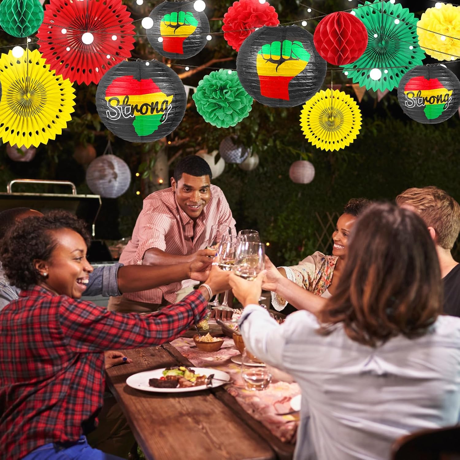 Hortsun 20 Pcs Juneteenth Decoration Black History Month Party Decorations 8'' 12'' Freedom Day Hanging Paper Lanterns Paper Fan Pom Pom Flowers Honeycomb Balls for Happy Black Independence Day