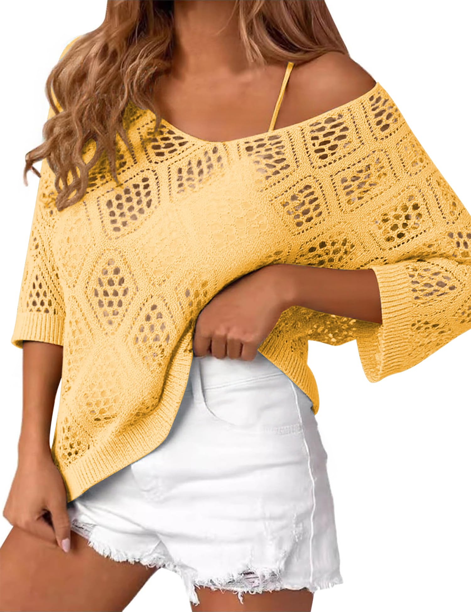 LOMON Womens 3 4 Sleeve Crochet Tops Off Shoulder Hollow Out Sweater V Neck Casual Loose Fit Beach