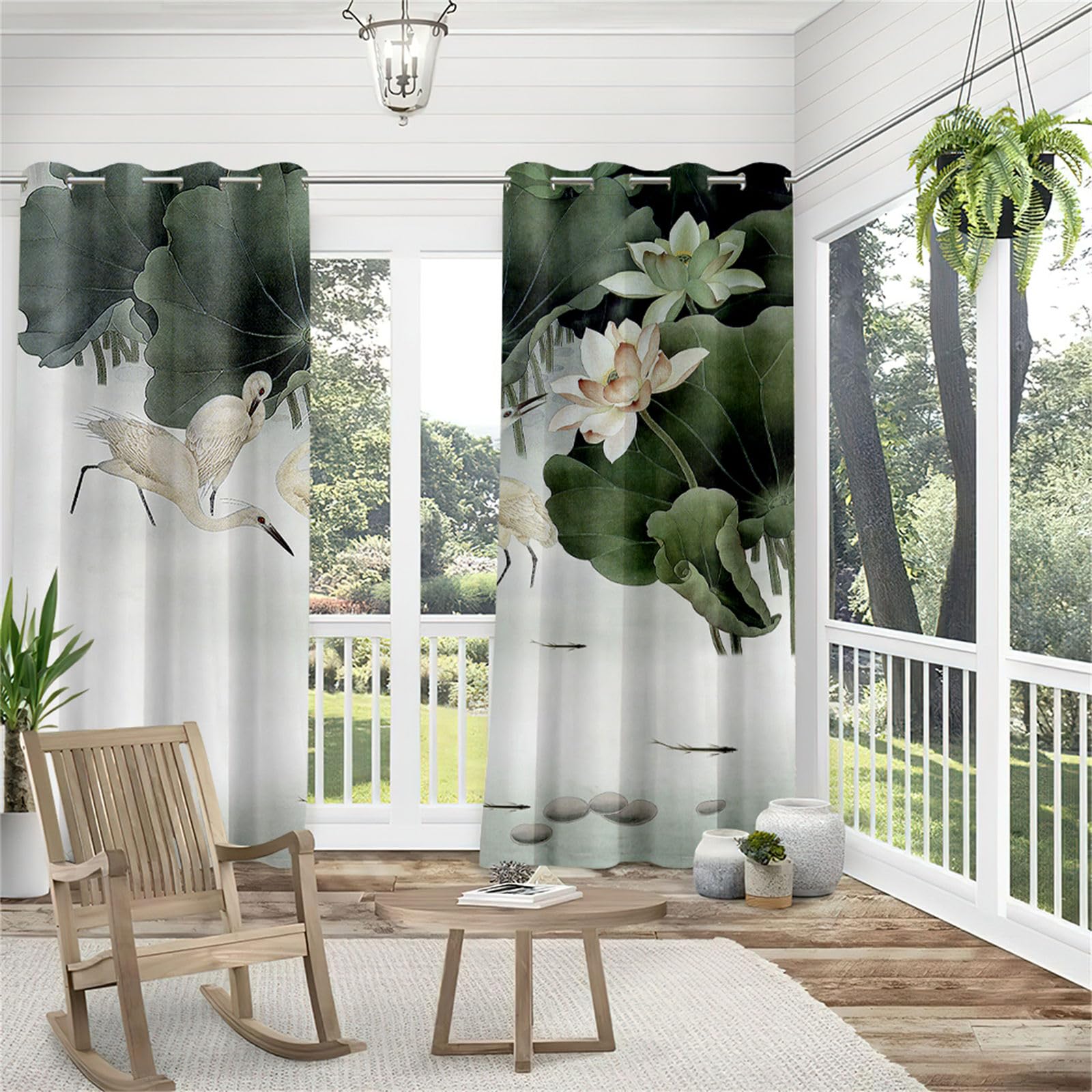 Hiseng Rideaux Extérieur Imperméable, Motif Fleur de Lotus 3D Rideau Occultant Isolant Thermique 2 Pieces Rideau d'Extérieur pour Pergola Terrasse avec Oeillet (137x274cm,Grue Blanche)