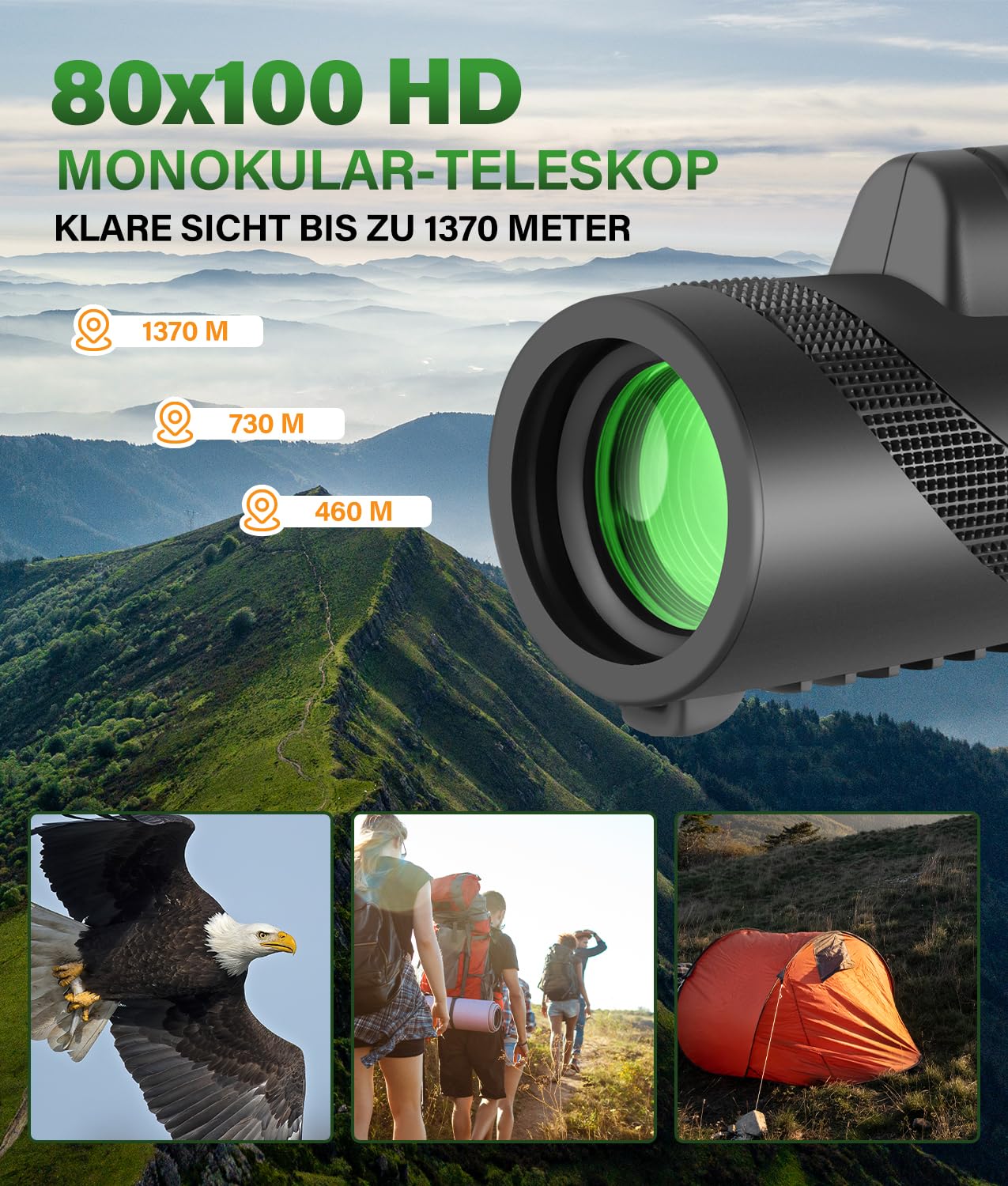PAHTTO Monokulares Teleskop, Monokular 80x100 mit BAK4-Prisma und FMC-Objektiv, HD Monokular Teleskop Fernrohr mit Smartphone-Adapter und Stativ, für Vogelbeobachtung Jagd Wandern Konzert Sport