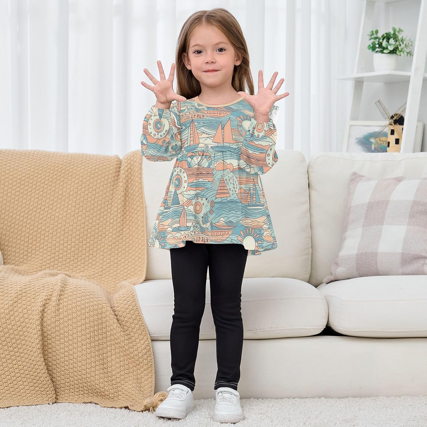 visesunny Toddler Clothes for Girls Wave Boat Vintage Long Sleeve Fall Shirts Cotton Top with Ruffle Collar