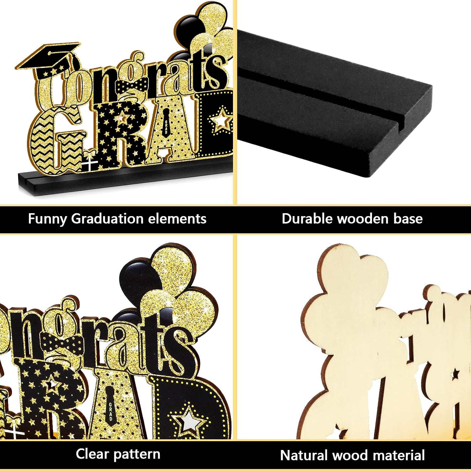 4 Pieces 2026 Graduation Party Decorations Wooden Class of 2026 Table Centerpieces Grad Congratulate Table Toppers for High School College Graduation Party Favor Supplies Photo Booth Props(Black Gold)