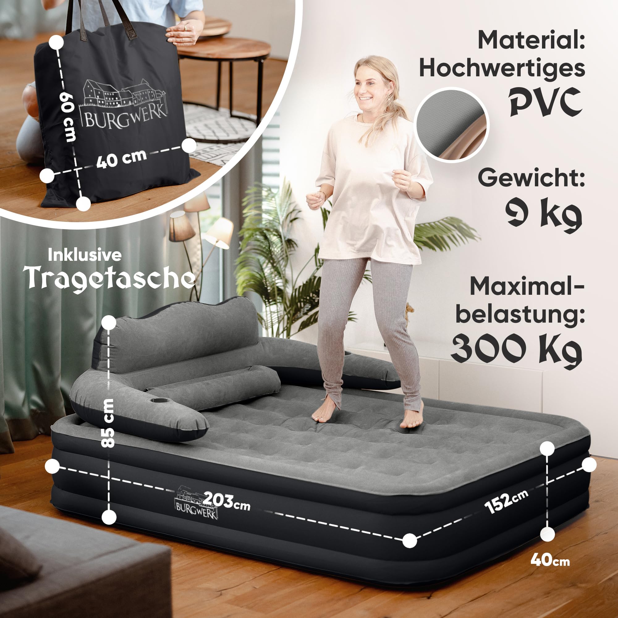 Burgwerk Premium Luftbett selbstaufblasend 2 Personen 203x152cm XL aufblasbare Matratze mit Pumpe