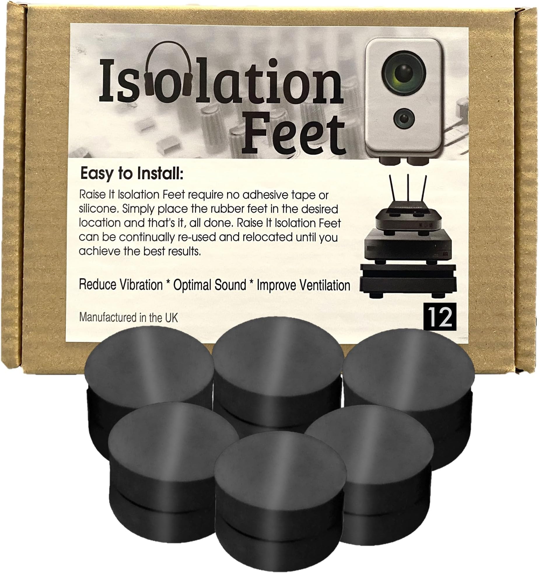 Raise It Isolation Feet for Speaker Vibration/Ventilation and Cooling for Consoles PS4, PS5, Xbox, PC, DVD Player, Internet Router/Universal Fit/Non-Slip / 12 Pack