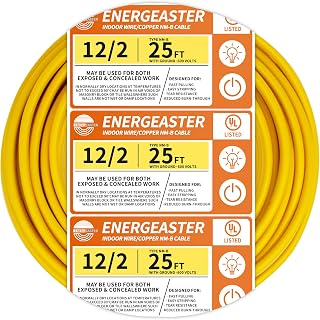 Energeaster 12/2 NM-B Solid Copper Wire 25ft Yellow Coil - Indoor Residential Electrical Cable with Ground