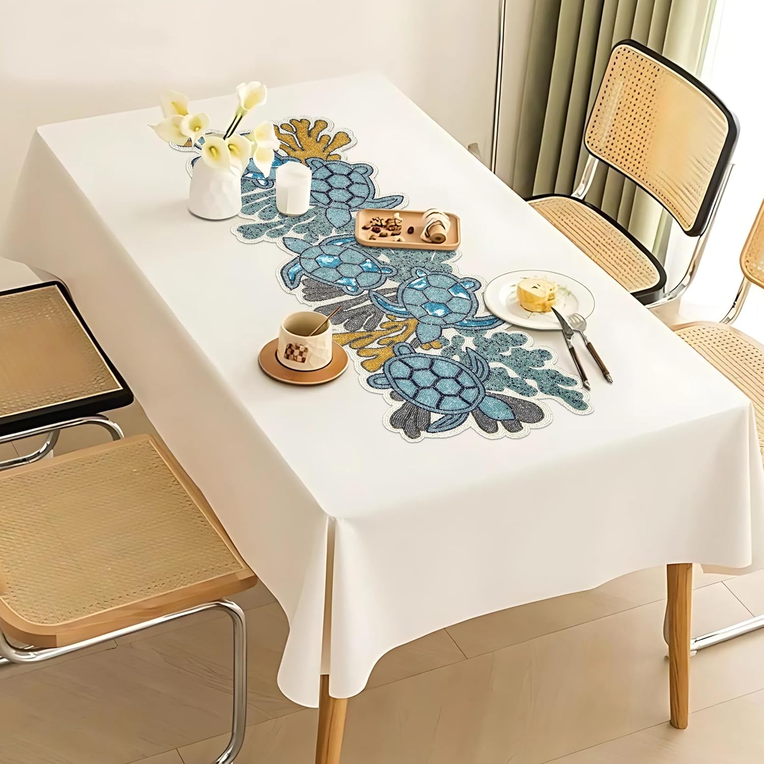 Handmade Farmhouse Floral Embroidery Beaded Table Runner 13 x 36 inches for Tableptop in Teal/Blue/Ivory Romance Turtle Design - Home Decor Mat for Wedding Family Gathering - Pack of 1