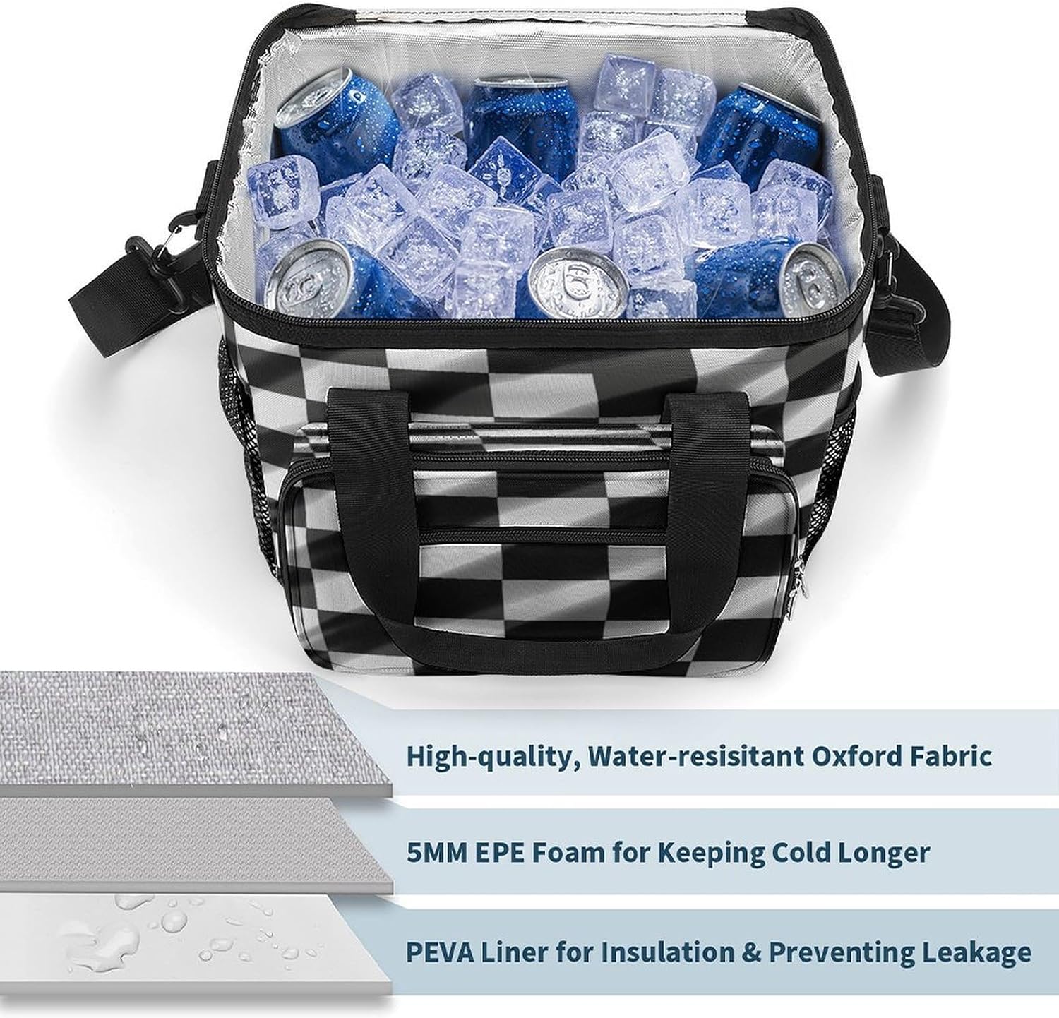 Black White Race Checkered Flag Cooler Bag Portable Insulated Lunch Bags Leakproof Ice Chest Large Capacity Soft Cooler Tote for Picnic Camping Work Travel Keep Food Drinks Fresh 22.5L