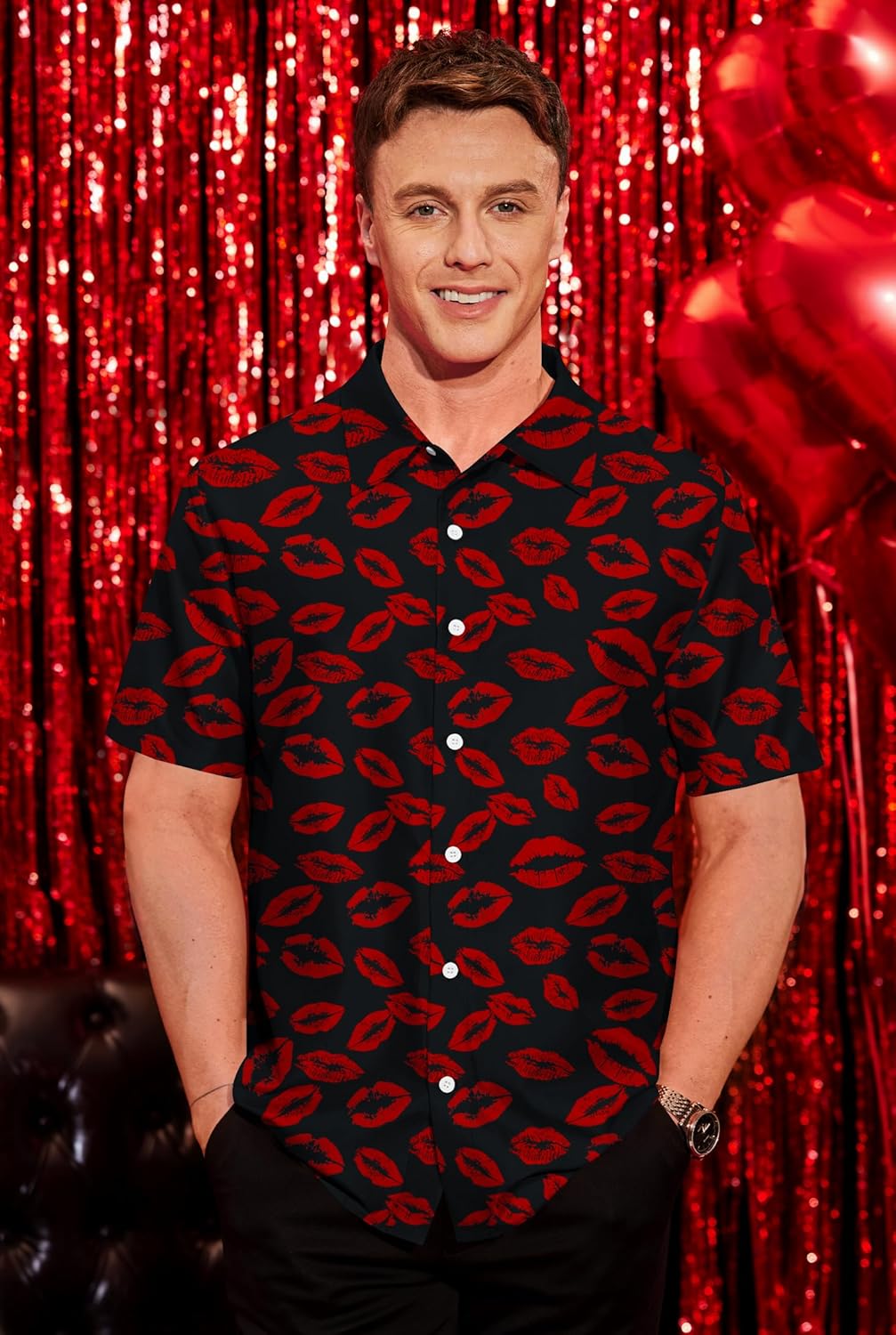 Arvilhill Men's Valentine's Day Button-Up Short Sleeve Shirt - Image 2