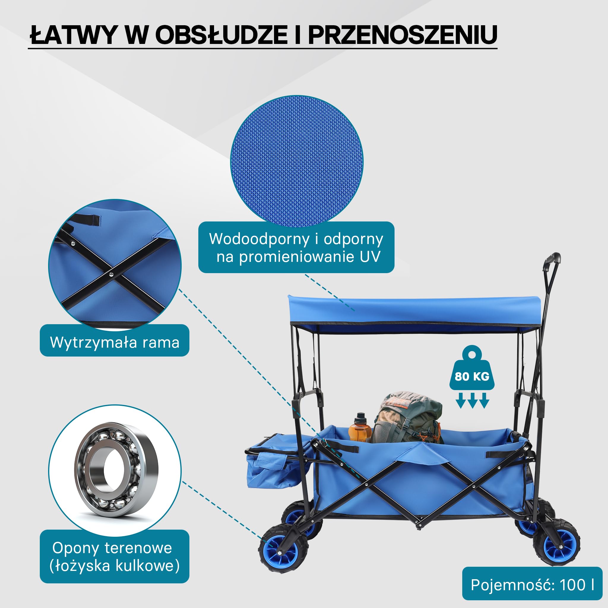 Wiltec składany wózek z daszkiem przeciwsłonecznym, składany wózek o maksymalnym obciążeniu 70 kg, składany wózek z dużą powierzchnią ładunkową i torbami, nadający się do terenów offroad