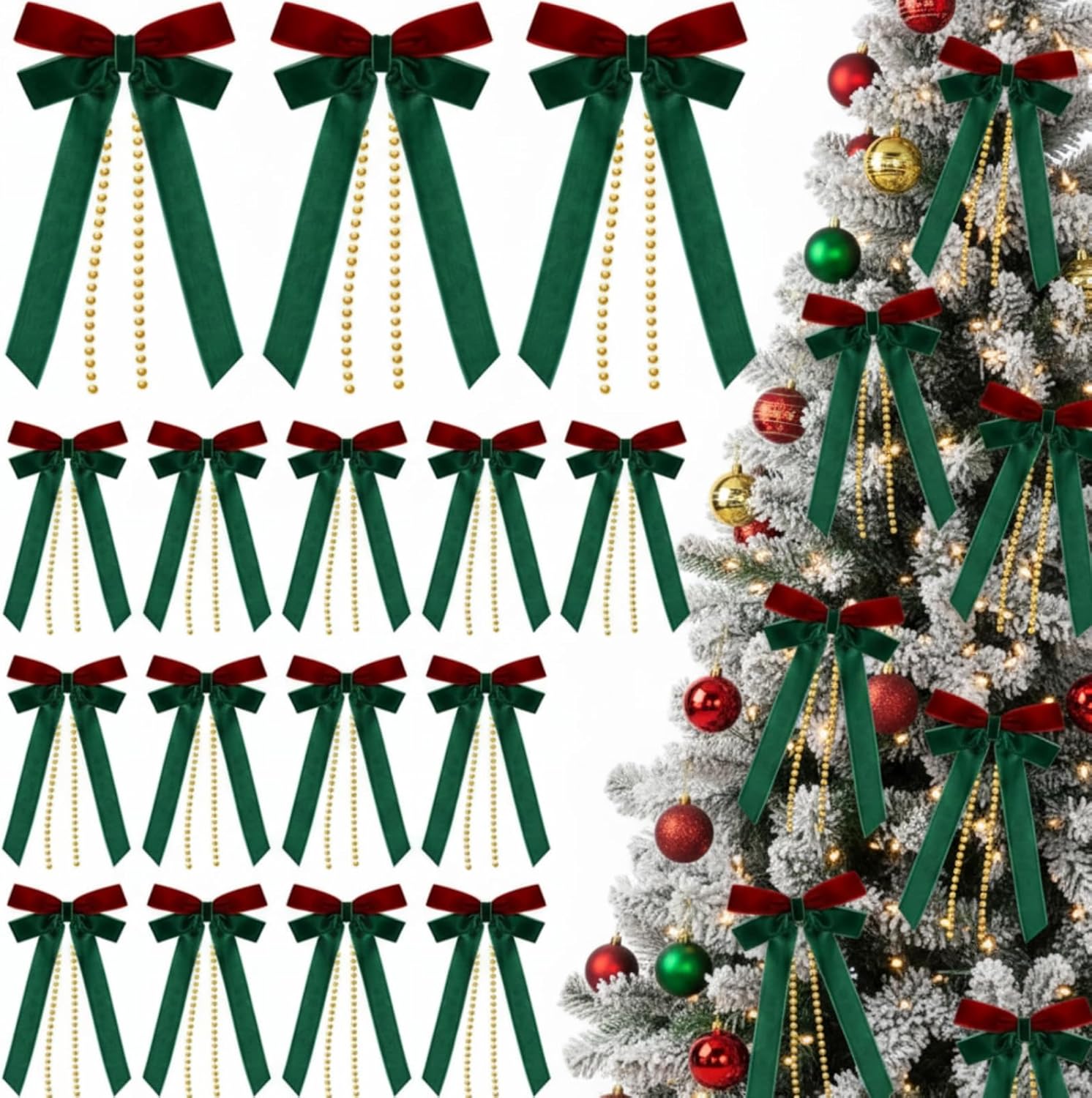 24 pcs velvet ribbon bows for christmas tree, rustic ribbon ornaments vintage crafts wreath bows for xmas door garland gift wrapping decorations(red, green)