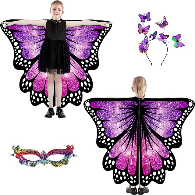 plainshe Butterfly Wings for Girls, Double-Sided Fairy Wing, Kids Butterfly Costume for Halloween, 3PCS Butterfly Cape Set