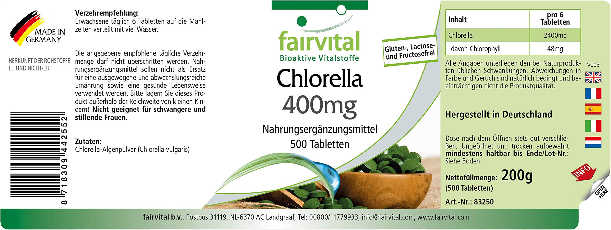Comprimés de chlorella fairvital 400mg, 500 comprimés, faciles à avaler, HAUTEMENT DOSÉS, 100% poudre d'algue chlorella (Chlorella vulgaris), VÉGÉTALIEN