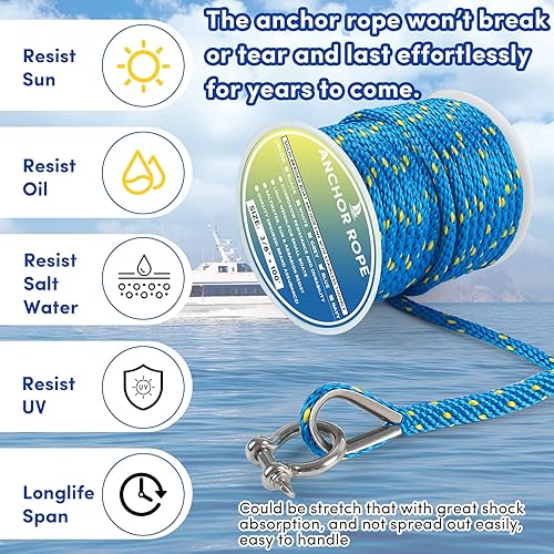 Vista 167 de Cuerda de anclaje premium de 100 pies x 3/8 pulgadas, cuerda marina de línea de anclaje MFP trenzada sólida con dedal y grillete, color negro