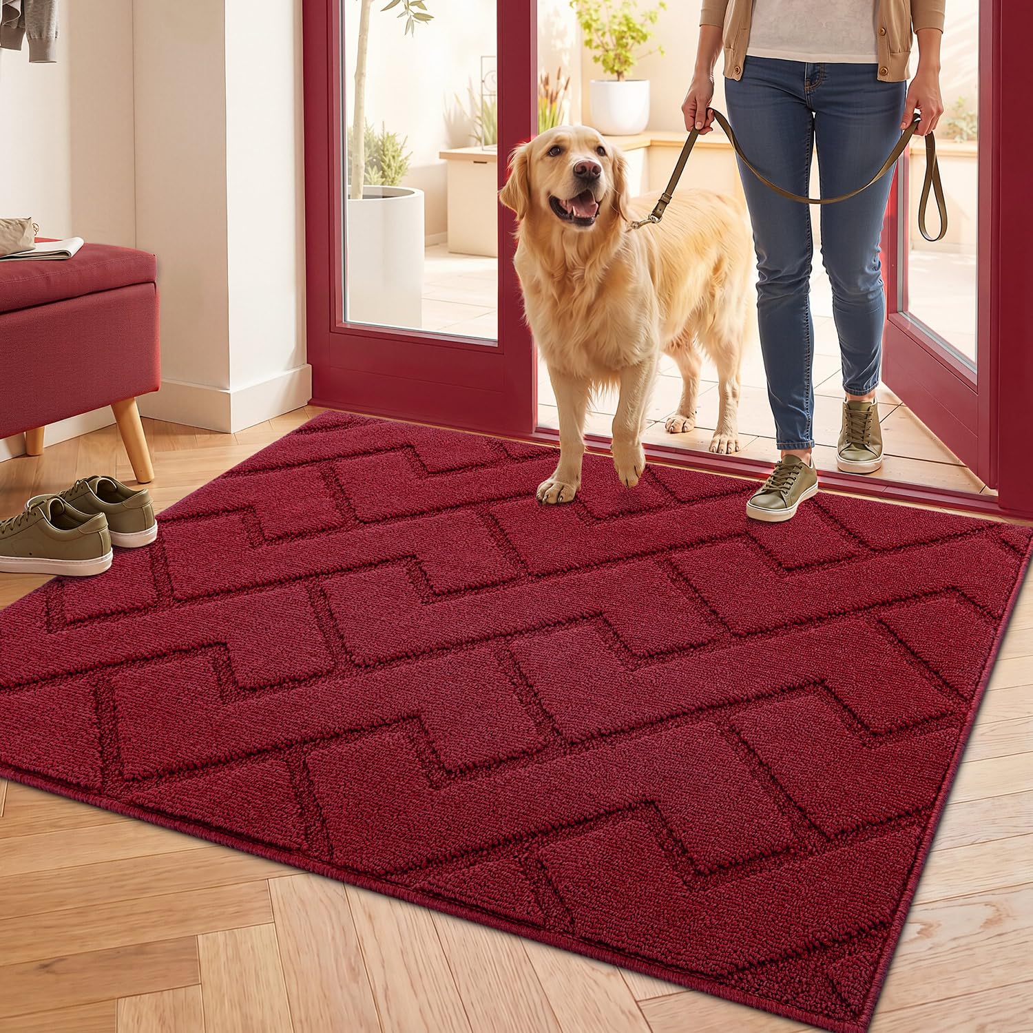 Biscpro Zerbini per Ingresso Interno,80x100cm Tappetino Antiscivolo Lavabile in Lavatrice,Zerbino d'Ingresso Polipropilene Assorbenti per Interno,Ingresso,Esterno,Corridoio,Balcone-Rosso