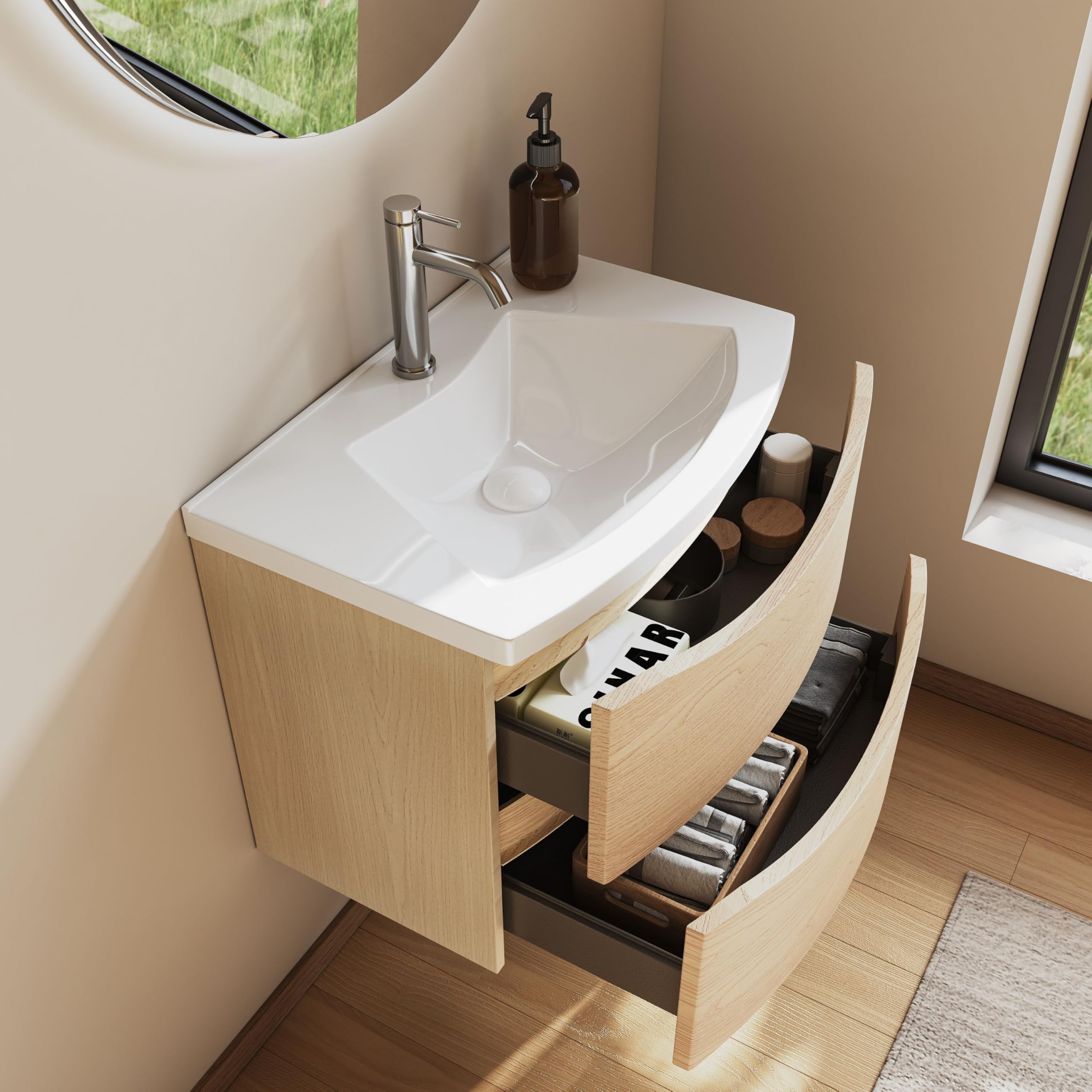 Meuble De Salle De Bain 60 cm avec Vasque en Fonte Minérale – 2 Tiroirs À Fermeture Amortie, Gain De Place, Idéal pour WC Invités, Golden Sand