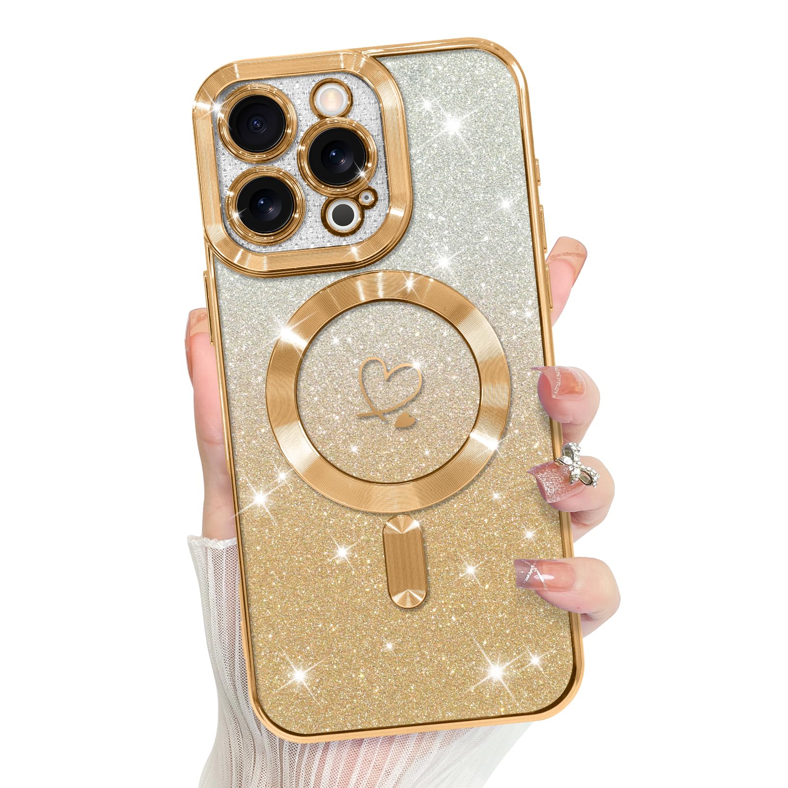 Bonoma Compatible with iPhone 16 Pro Max Case Support for MagSafe, Plating Heart Glitter Magnetic 2* Screen Protector TPU Camera Protection Back Cover