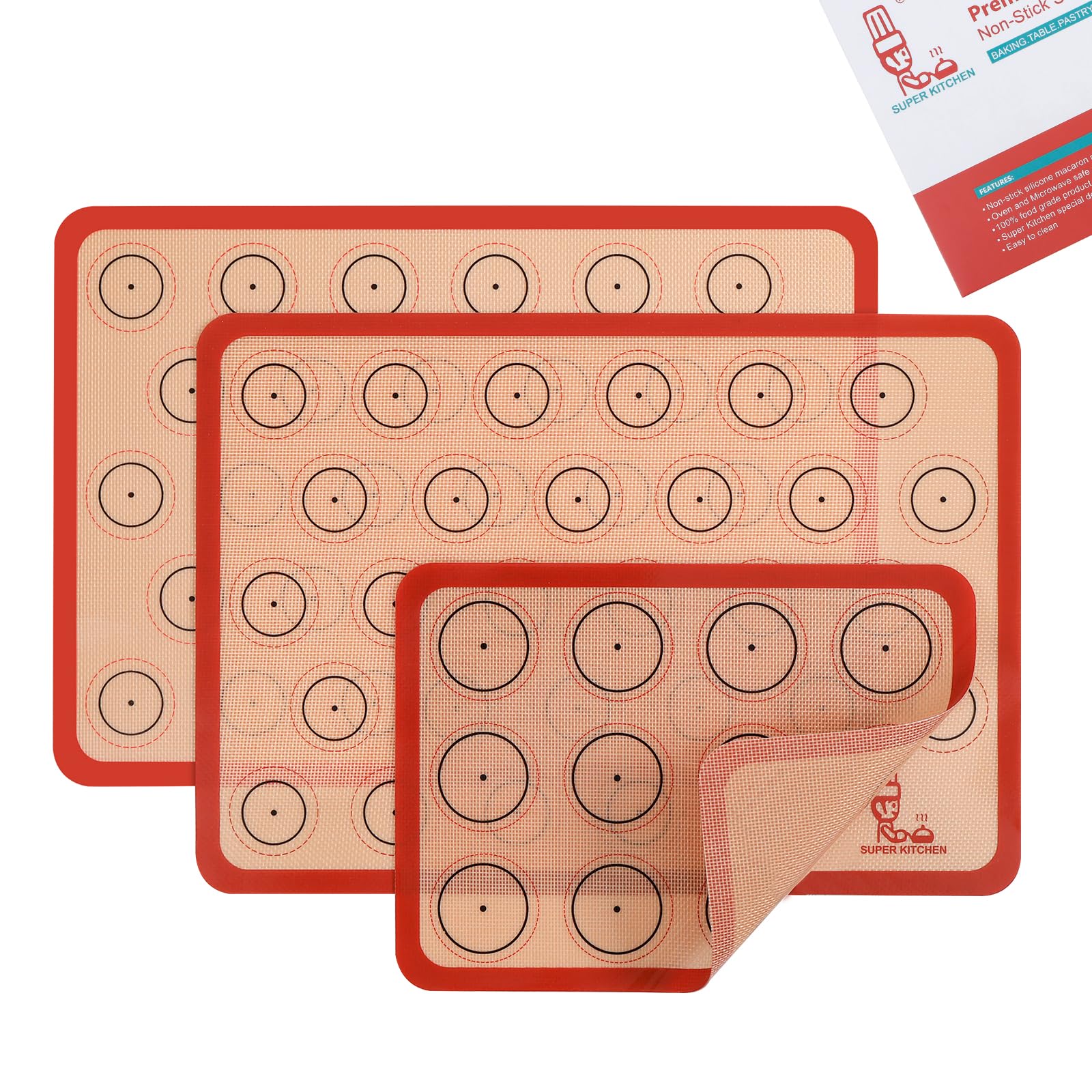 Folksy Super Kitchen Silicone Macaron Baking Mat - Set of 3 (2 Half Sheet and 1 Quarter Sheet), Non Stick Silicon Oven Liner For Macaroons and Cookies (16.5x11.6, Red)