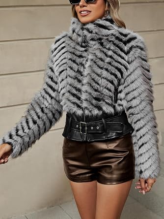 Bellivera Womens Faux Fur Leather Jacket Fleece Cropped Warm Fluffy Coat Soft Zip Outerwear