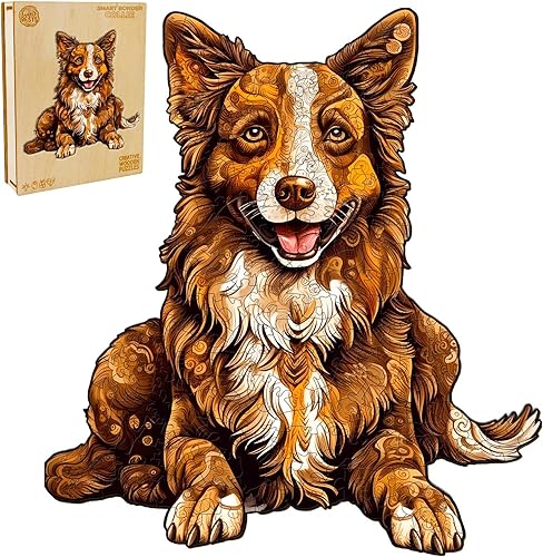 WOODBESTS Rompecabezas de madera para adultos, rompecabezas inteligente de perro Border Collie (L, 300 piezas, 16.4 x 18.1 pulgadas), hermosa caja