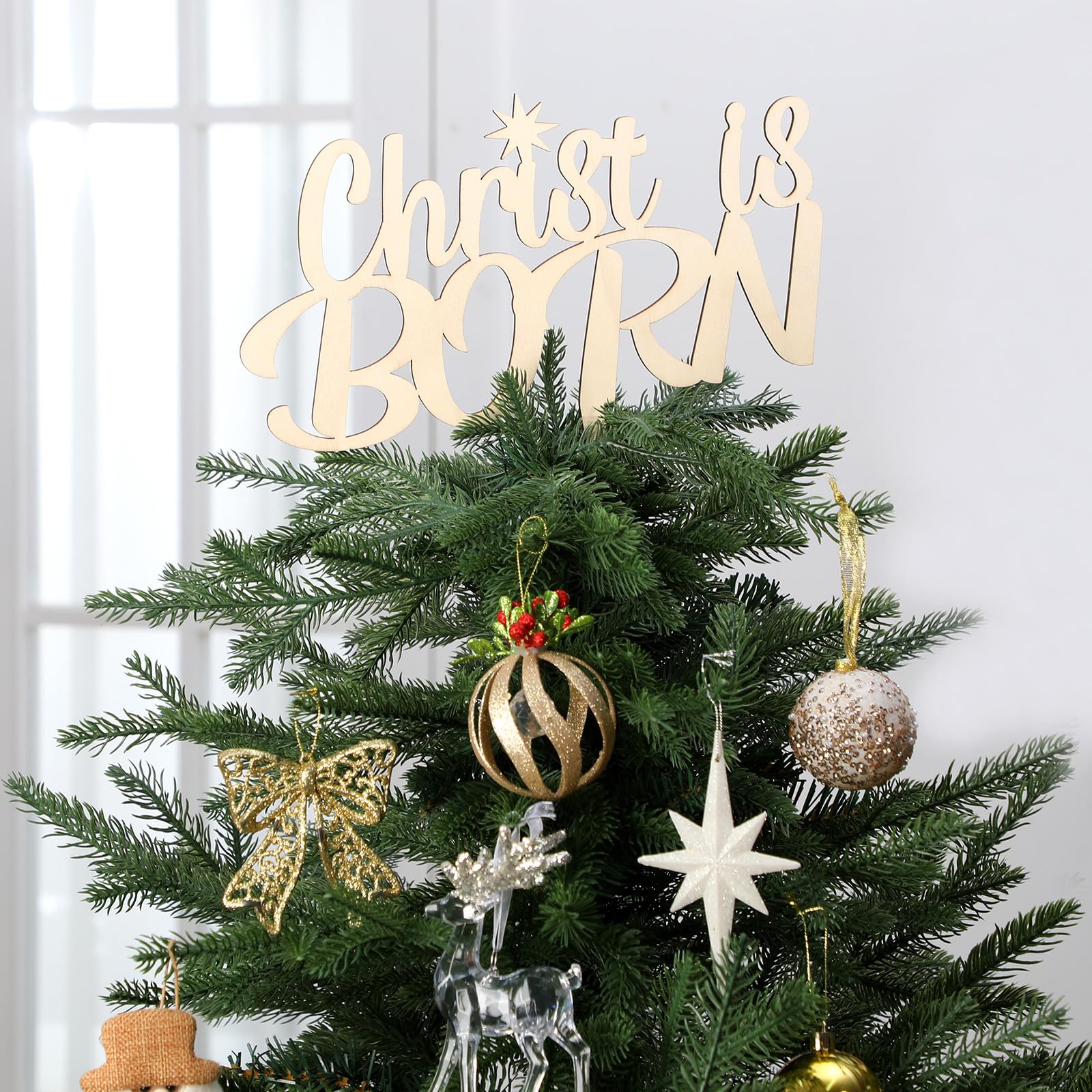 Yalikop Nativity Christmas Tree Topper, 12"x10" Christian Wooden Tree Decor