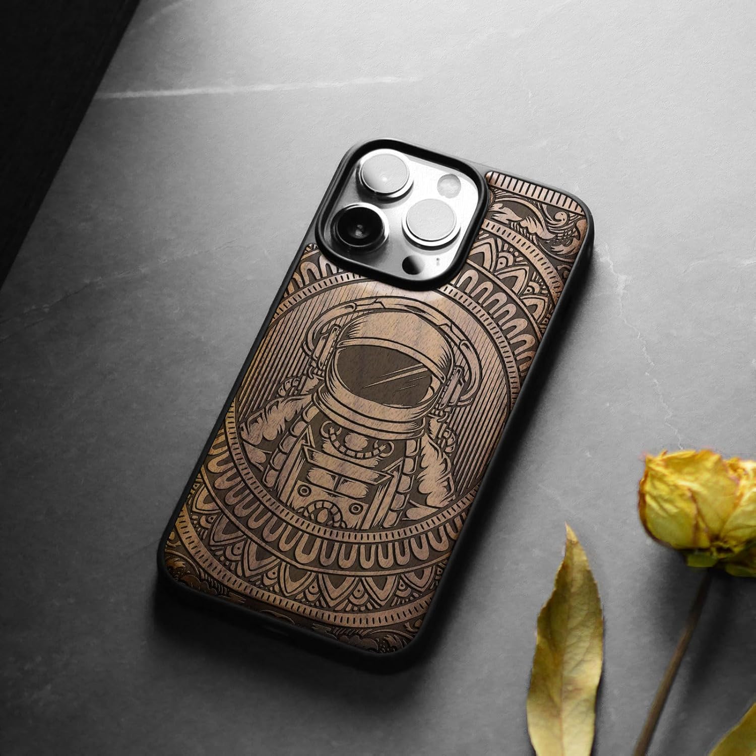 Carveit Magnetic Wooden Case for iPhone 15 Pro Max Case, Compatible with MagSafe Wireless Chargers, Black Soft TPU Shockproof Cover & Wood Artisan Engraved (Astronaut in Mandala Style) - Walnut