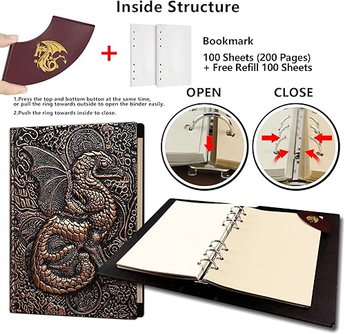 Miniatura 5 de Cuaderno de 6 anillos de cuero DND recargable, antiguo hecho a mano, cuaderno de notas diario de cuero para Calabozos y Dragones, D&D. Gran regalo