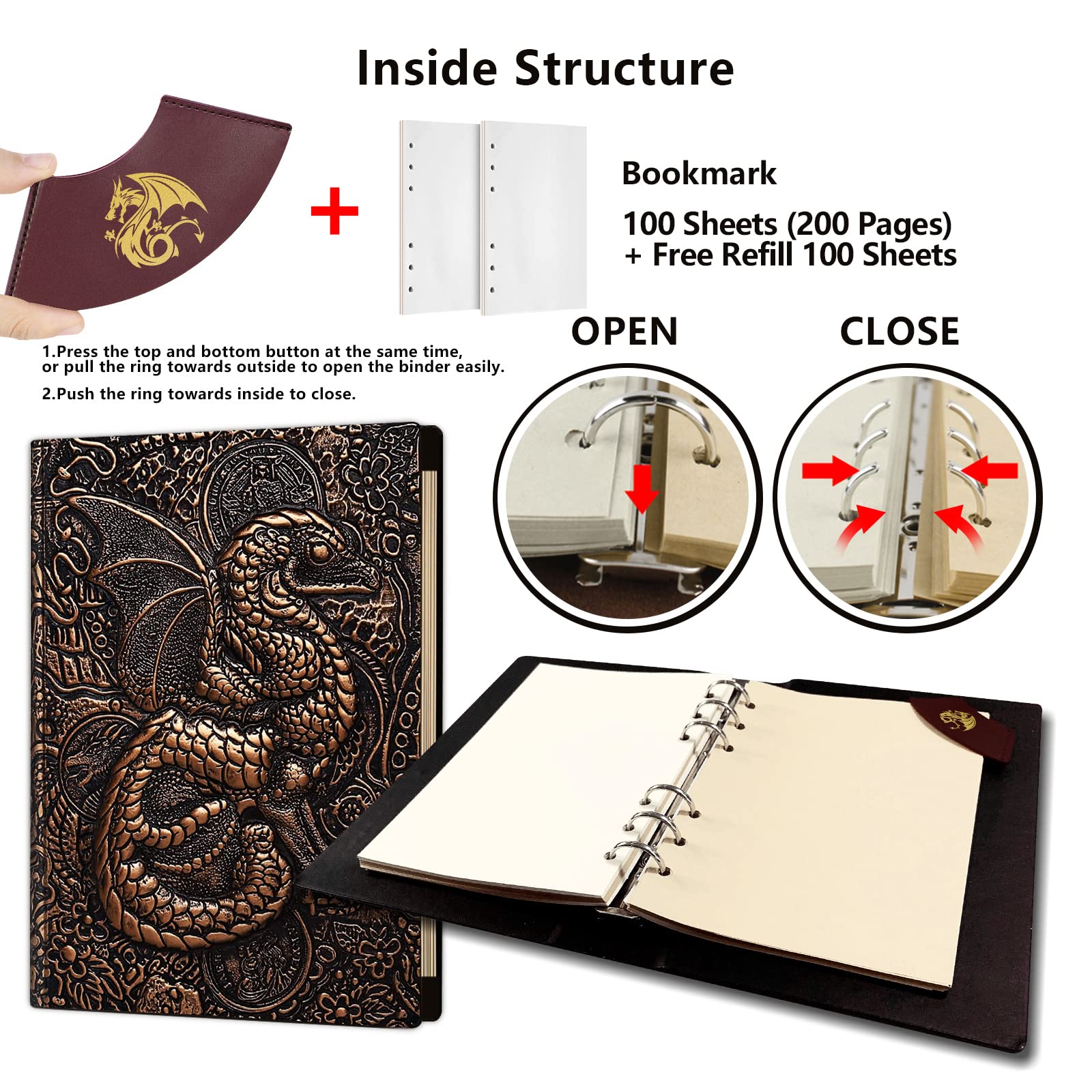 Ancient Deer Carnet de notes 3D Dragon DND unique de 400 pages en cuir vintage pour donjons et dragons, joueurs RPG, carnet de notes antique, carnet de voyage, D&D, accessoires D&D