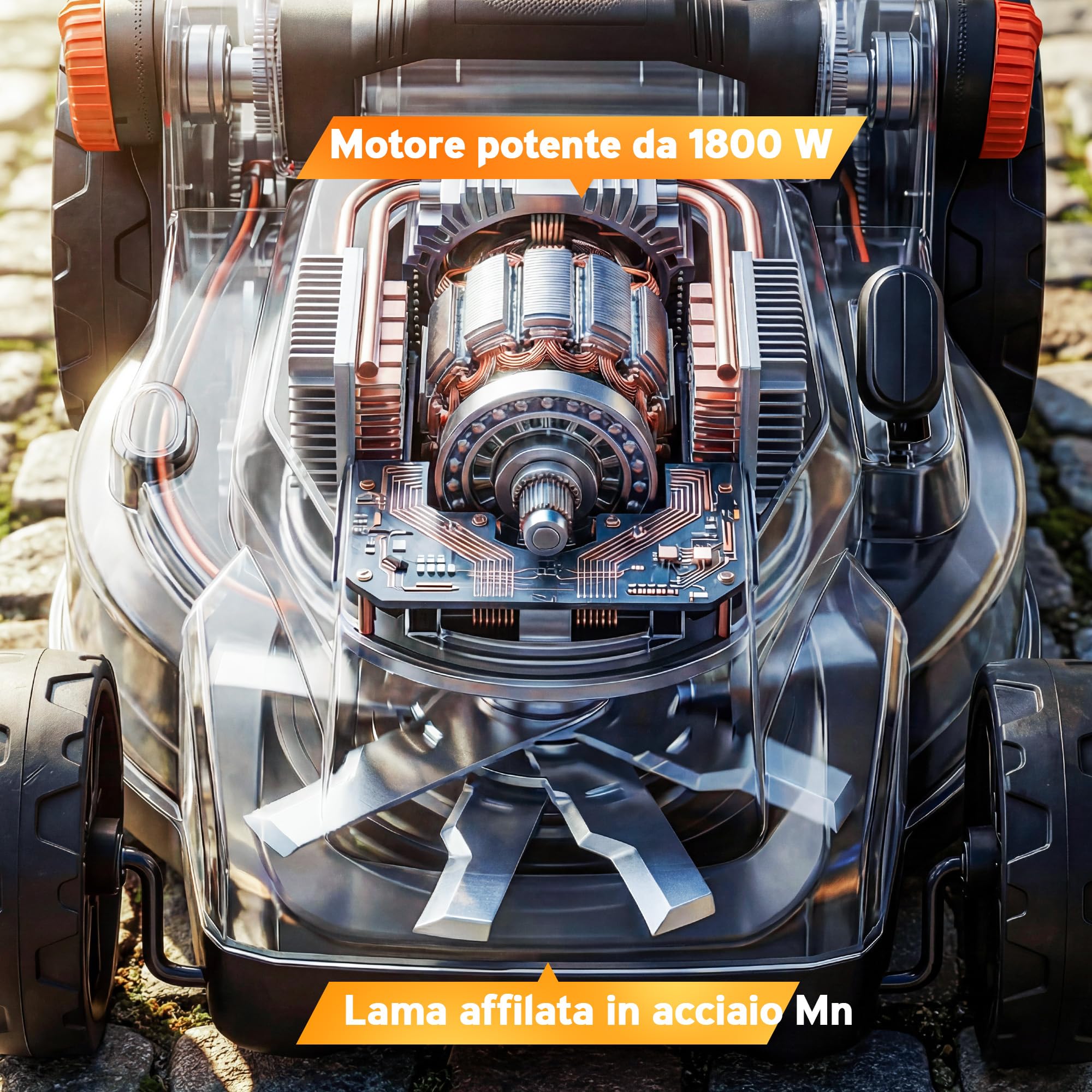 Cortacésped eléctrico Outsunny de 1800 W con anchura de corte de 40 cm, función de mulching y bolsa de 50 l, cortacésped eléctrico con mango desmontable y ajustable, 6 alturas de corte de 25-75 mm,
