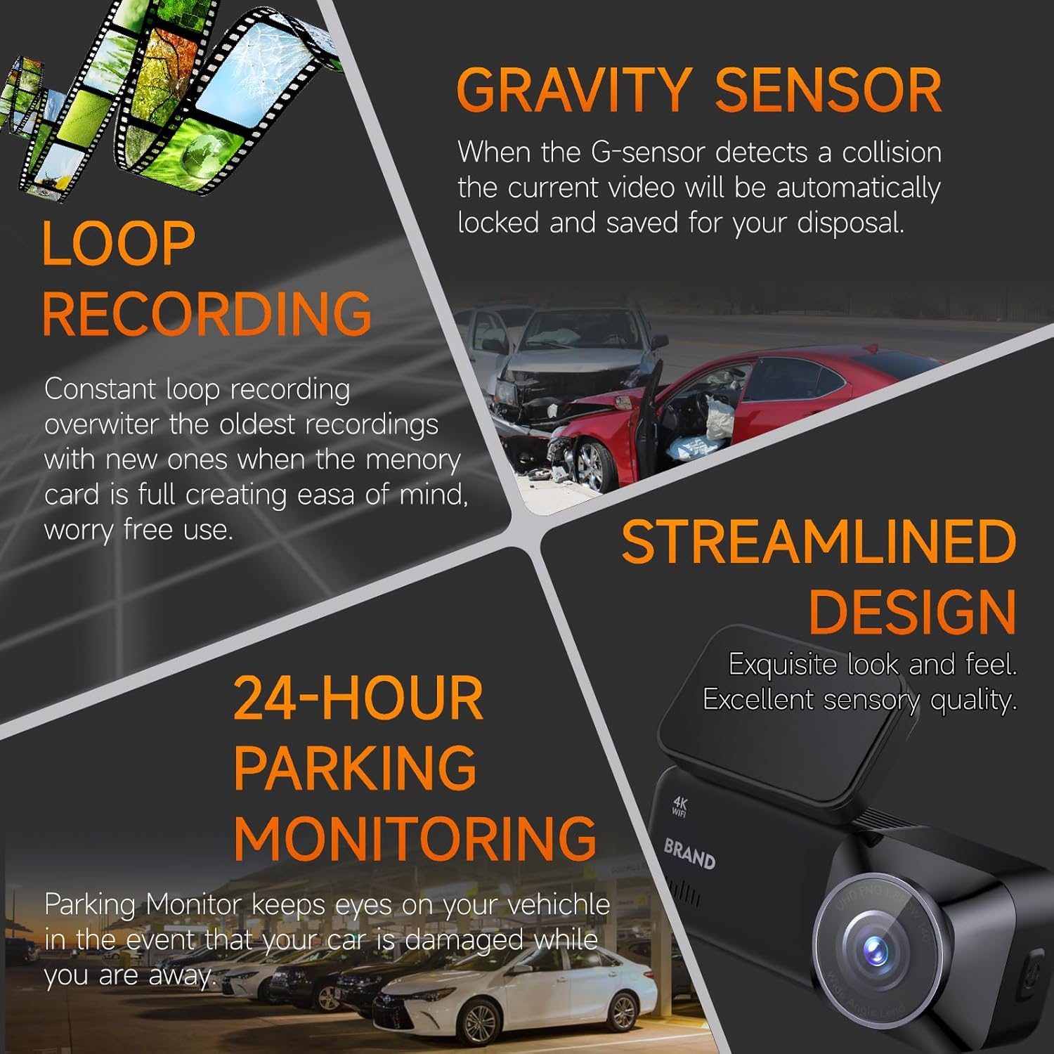 Diagram showing G-Sensor, Loop Recording, 24-hour Parking Monitoring, and Streamlined Design features