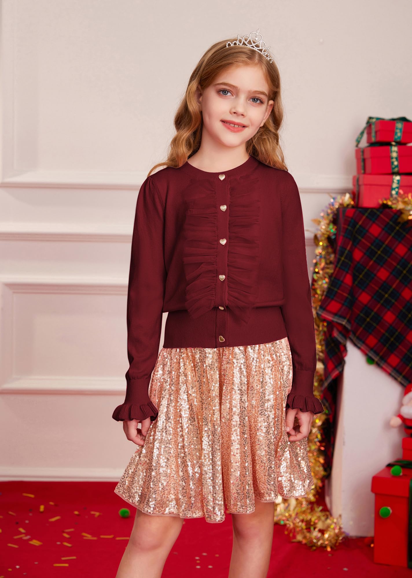 GRACE KARIN Cárdigan de punto para niñas Casual Manga Larga Cuello Redondo Cárdigan de Punto con Botón Delantero Elegante Tul Malla Volantes Cárdigan Decorado