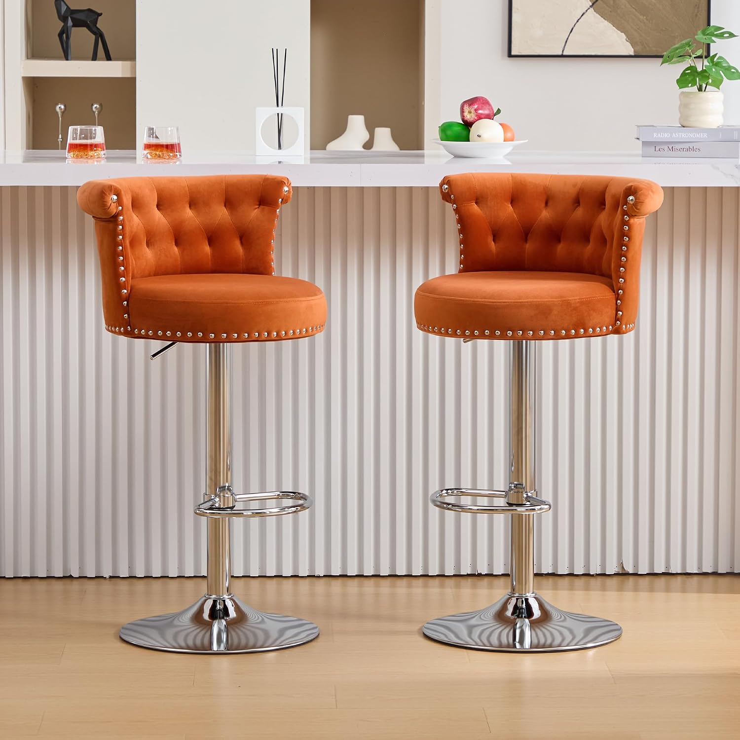 Amazon.com: Zentrava Velvet Bar Stool Set of 2, Adjustable Swivel Bar ...
