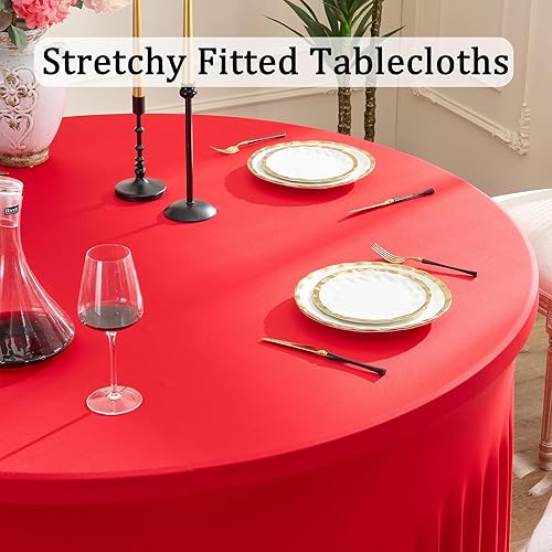 Miniatura 2 de Paquete de 6 manteles redondos de elastano rojo para mesa de 60 pulgadas, manteles elásticos de 120 pulgadas ajustables de 5 pies, fundas de mesa