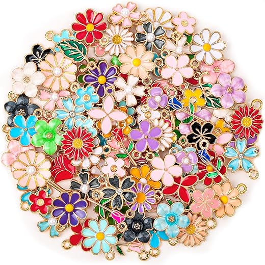 100Pcs 50 Pairs Flower Charms for Jewelry Making, Wholesale Assorted Enamel Mixed Bulk Metal Earring Charms for DIY Necklace Bracelet Earring Jewelry Making and Crafting