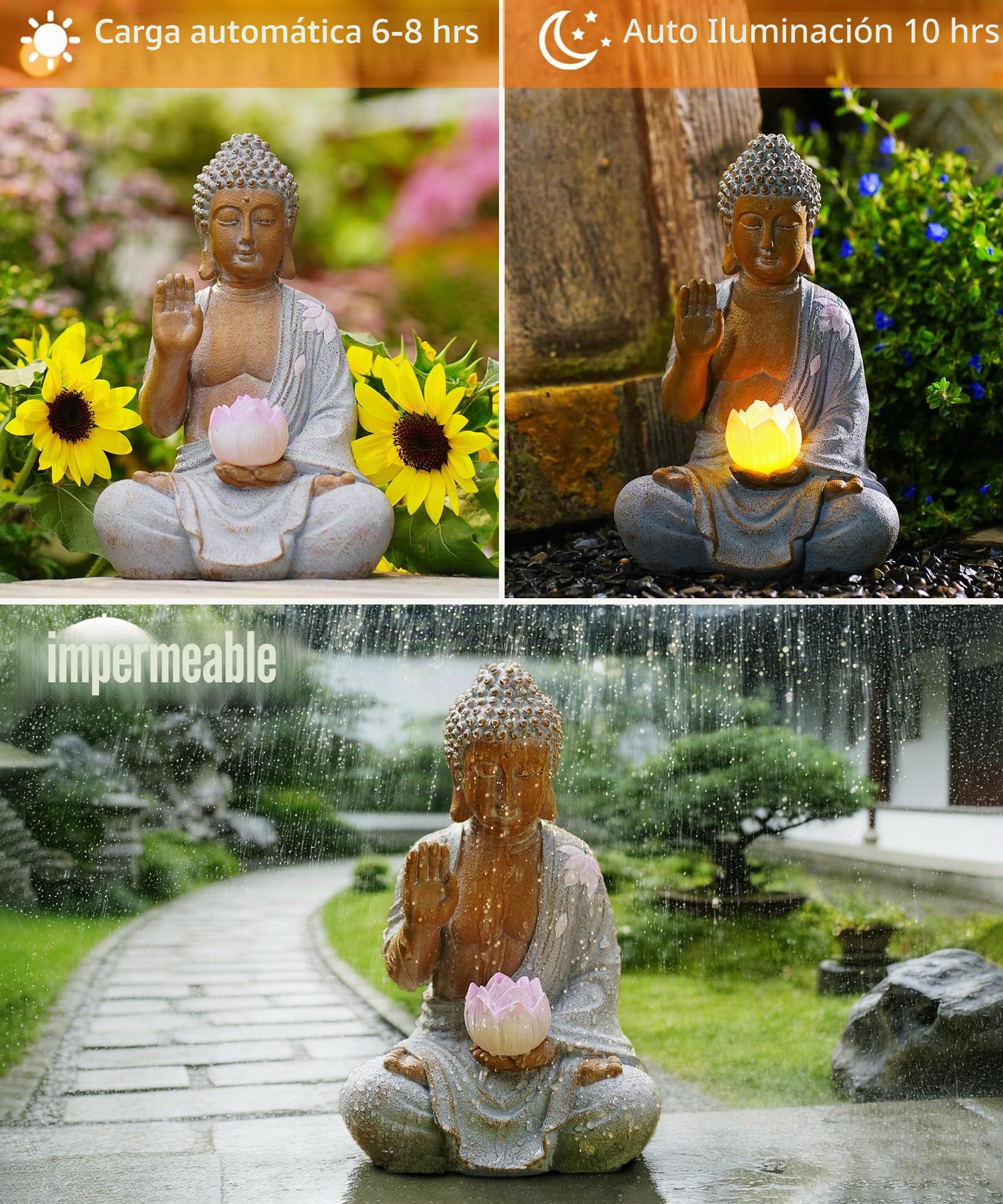 Yeomoo Figura de Buda con LED Solar LED Decoración de Jardín - Resistente a la intemperie Meditación Jardín Figuras Decoración para Zen Jardín Salón Feng Shui Regalo Espiritual para Mujeres Mamá