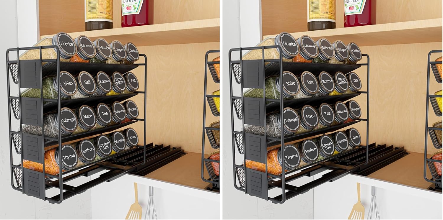 SpaceAid Pull Out Spice Rack Organizer with 20 Jars, Heavy Duty Slide Out Seasoning Organizer for Kitchen Cabinets, with 801 Labels and Chalk Marker, Left Facing