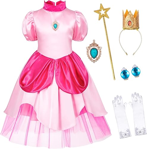 Vestido de princesa melocotón para niñas, disfraz de princesa melocotón para niñas pequeñas, vestido con accesorios de 2 a 11 años
