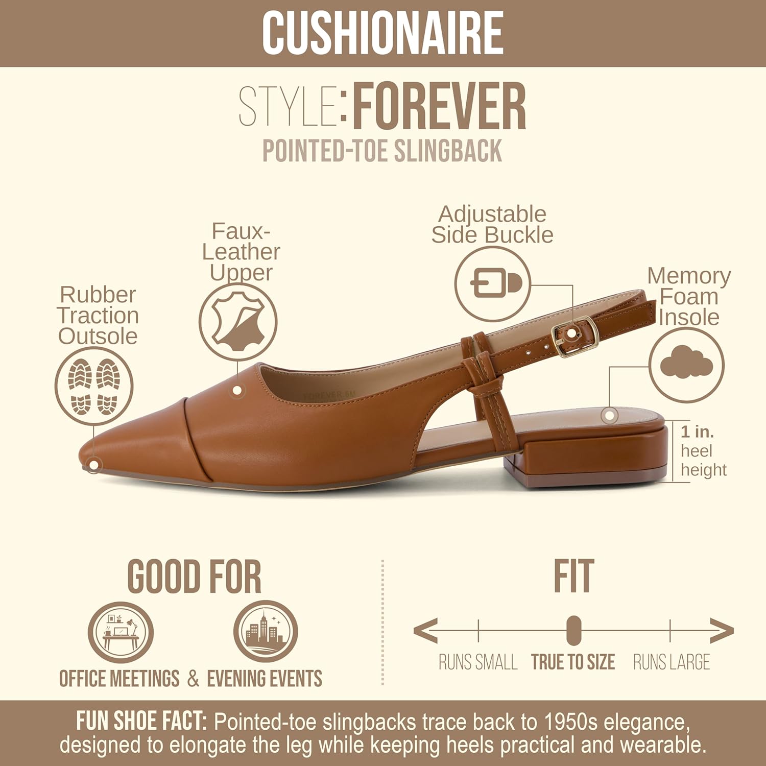 CUSHIONAIRE Women's Forever Pointed Toe Sling Back Dress Shoe +Memory Foam, Wide Widths Available, Cream Smooth - Image 4