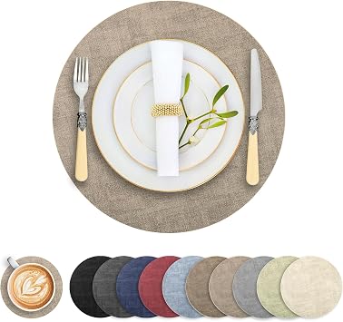 Round Faux Leather Placemats and Coasters, Set of 6, Reversible Heat Resistant Non-Slip Table Mats, Waterproof Wipeable Place Mats for Dining Table, Washable for Indoor & Outdoor 6, Light Brown