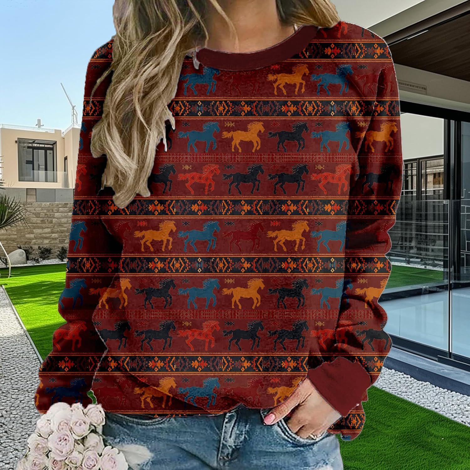 Cowboy Sweatshirt for Women Retro Pullover Aztec Shirts Vintage Western Sweatshirt Crewneck Fall Ladies Tops - Image 2