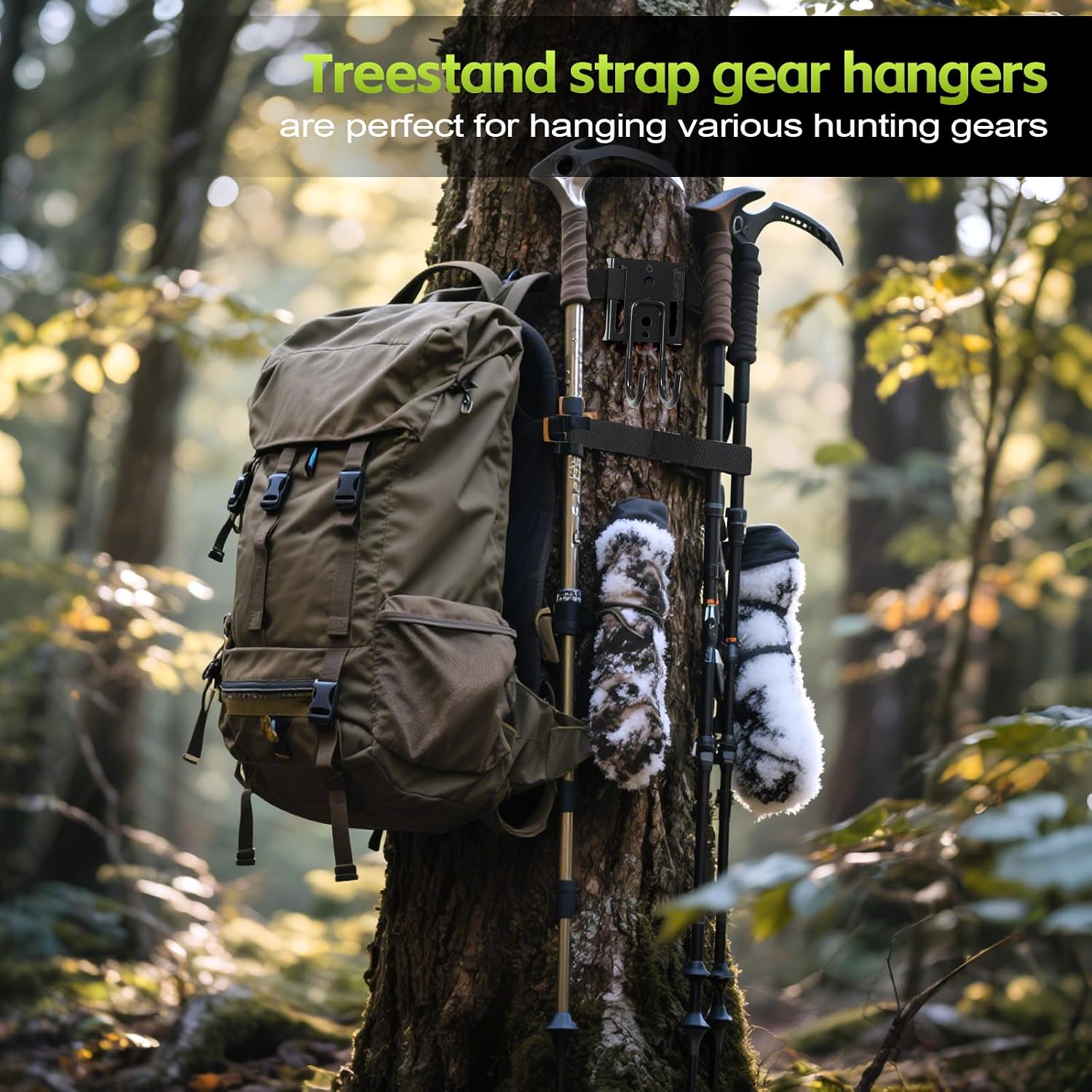 ElephantBird Tree Stand Strap Bow Hanger, Thick Strap Bow Hanger for Hunting, Tree Stand Gear Hanger with 4 Metal Bow Hooks & 2 Small Hooks